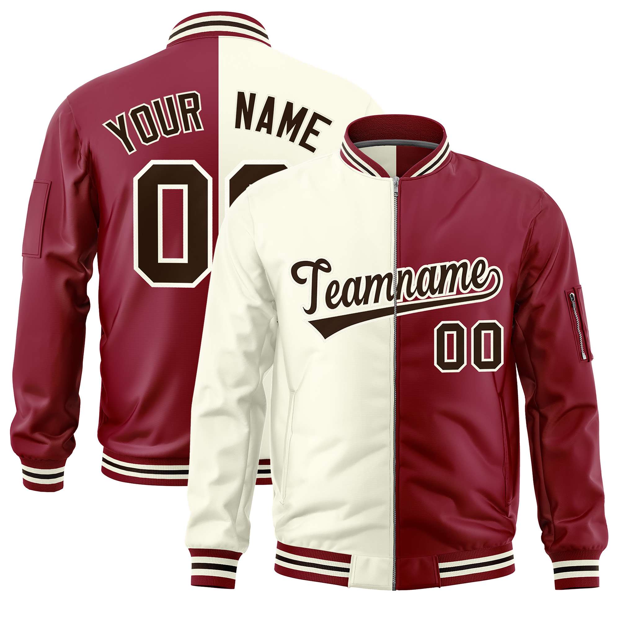 Custom Cream Crimson Split Varsity Full-Zip Two Tone Letterman Bomber Jacket