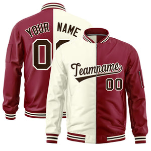 Custom Cream Crimson Split Varsity Full-Zip Two Tone Letterman Bomber Jacket