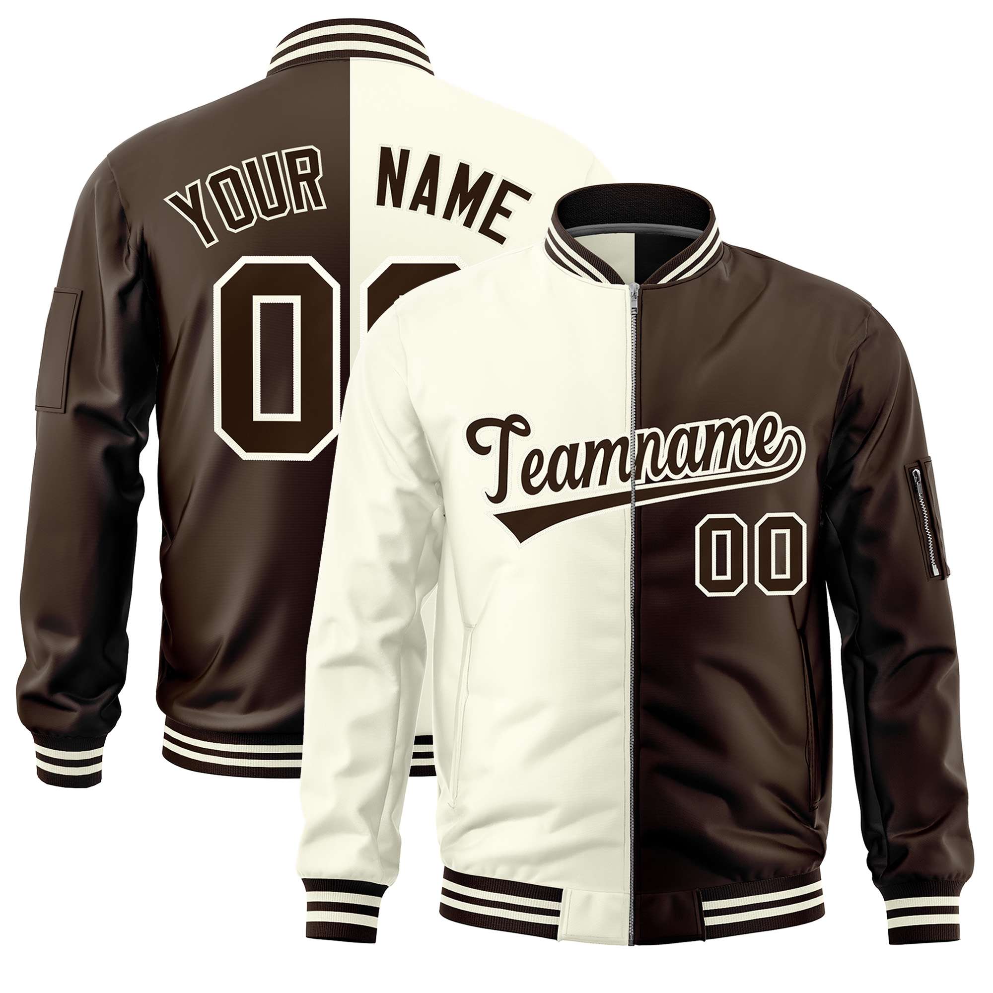 Custom Cream Brown Split Varsity Full-Zip Two Tone Letterman Bomber Jacket