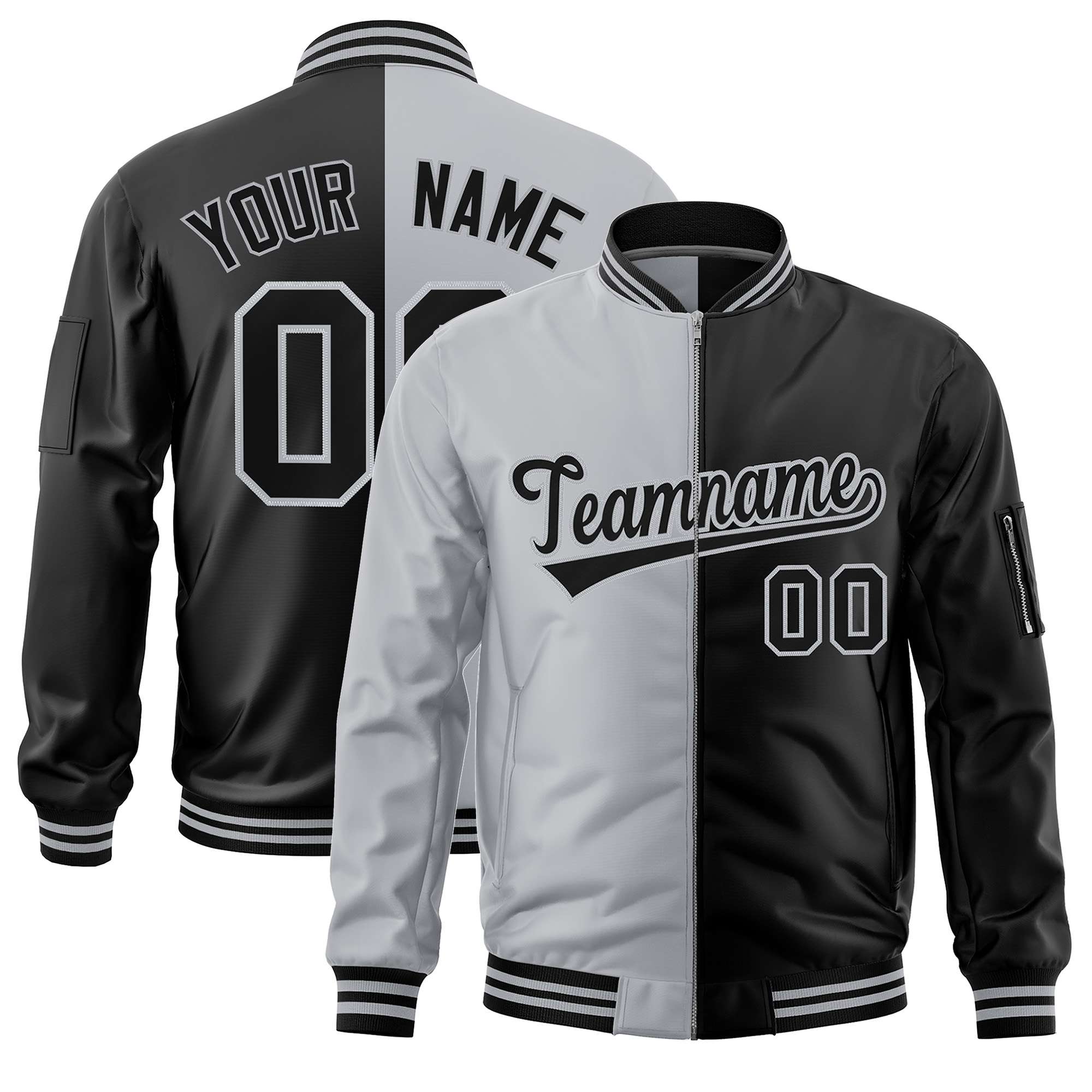 Custom Gray Black Split Varsity Full-Zip Two Tone Letterman Bomber Jacket