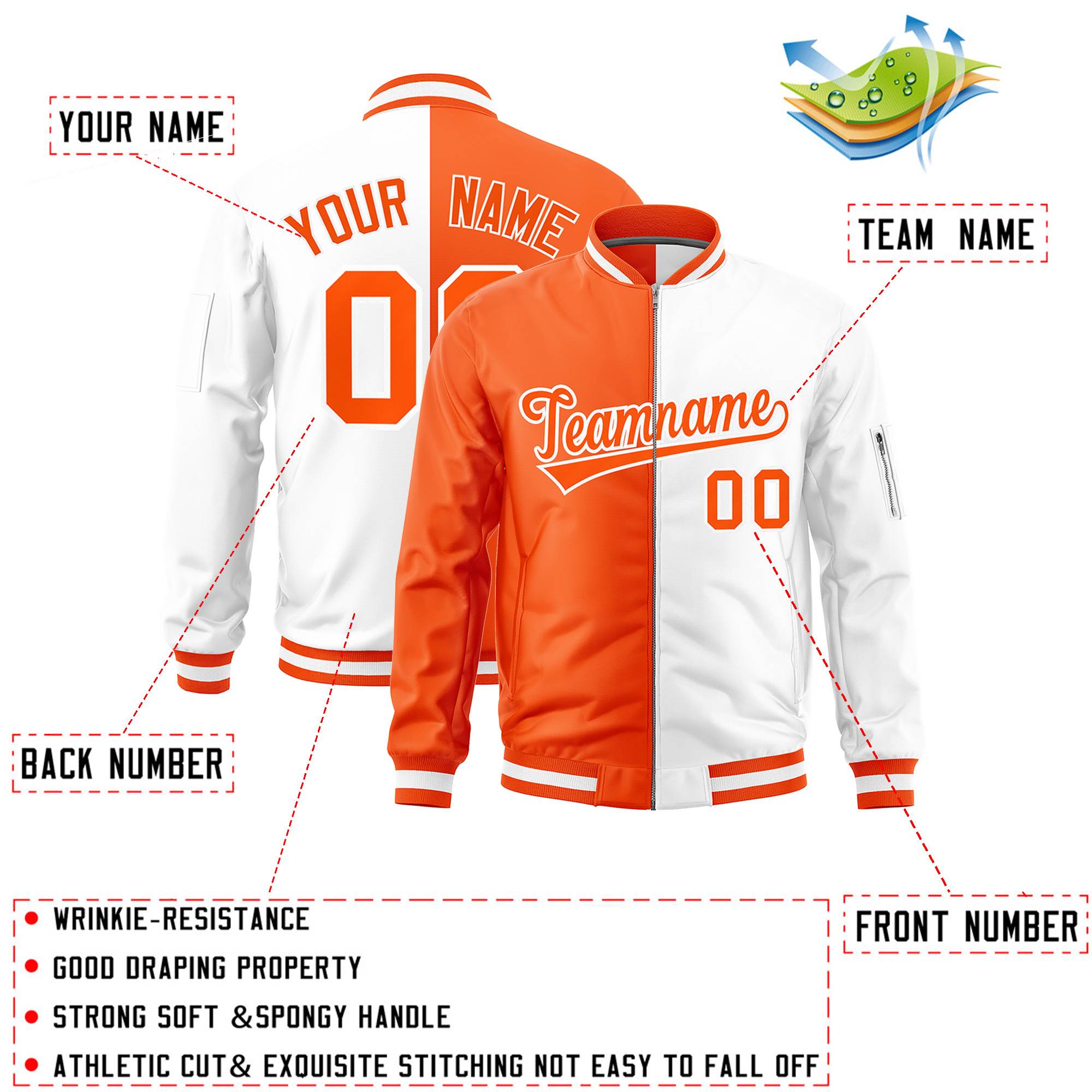 Custom Orange White Split Varsity Full-Zip Two Tone Letterman Bomber Jacket