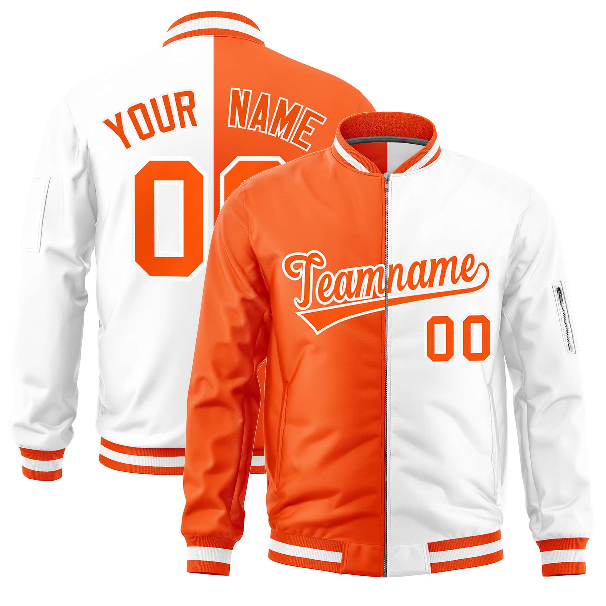 Custom Orange White Split Varsity Full-Zip Two Tone Letterman Bomber Jacket