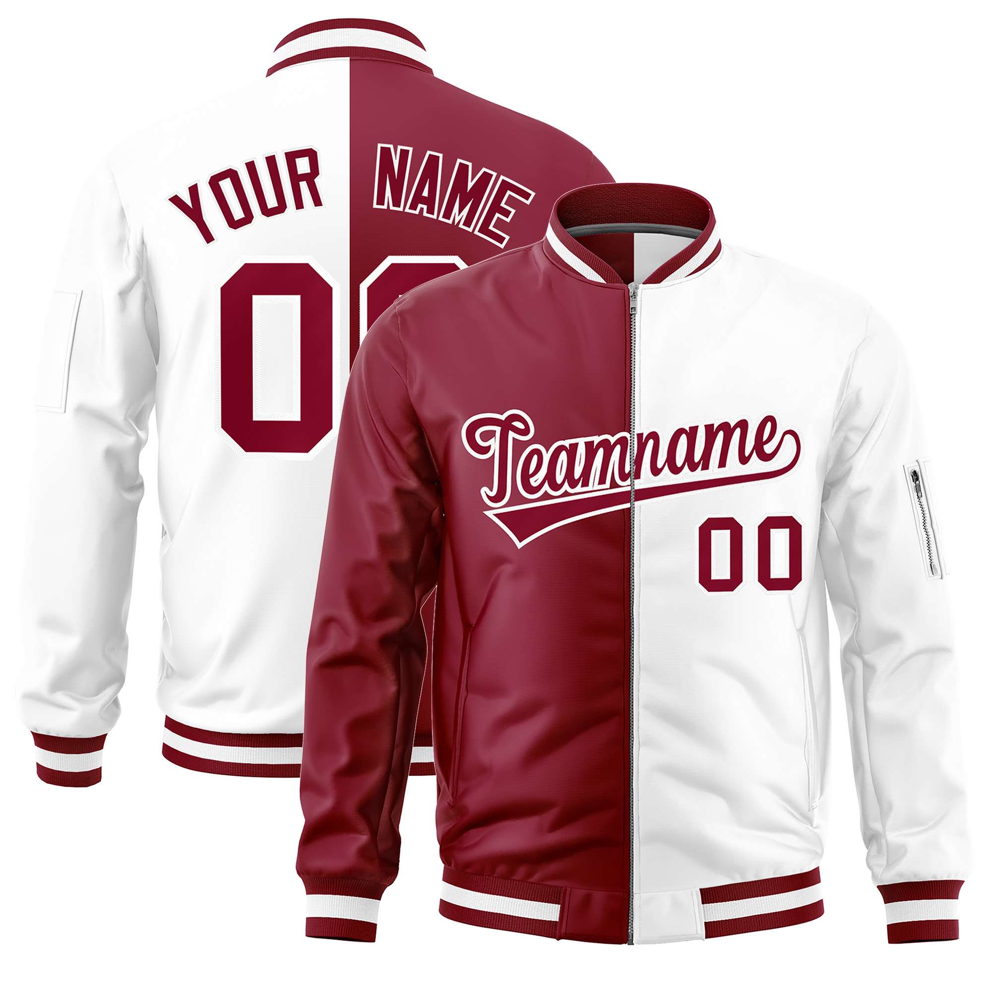 Custom Crimson White Split Varsity Full-Zip Two Tone Letterman Bomber Jacket