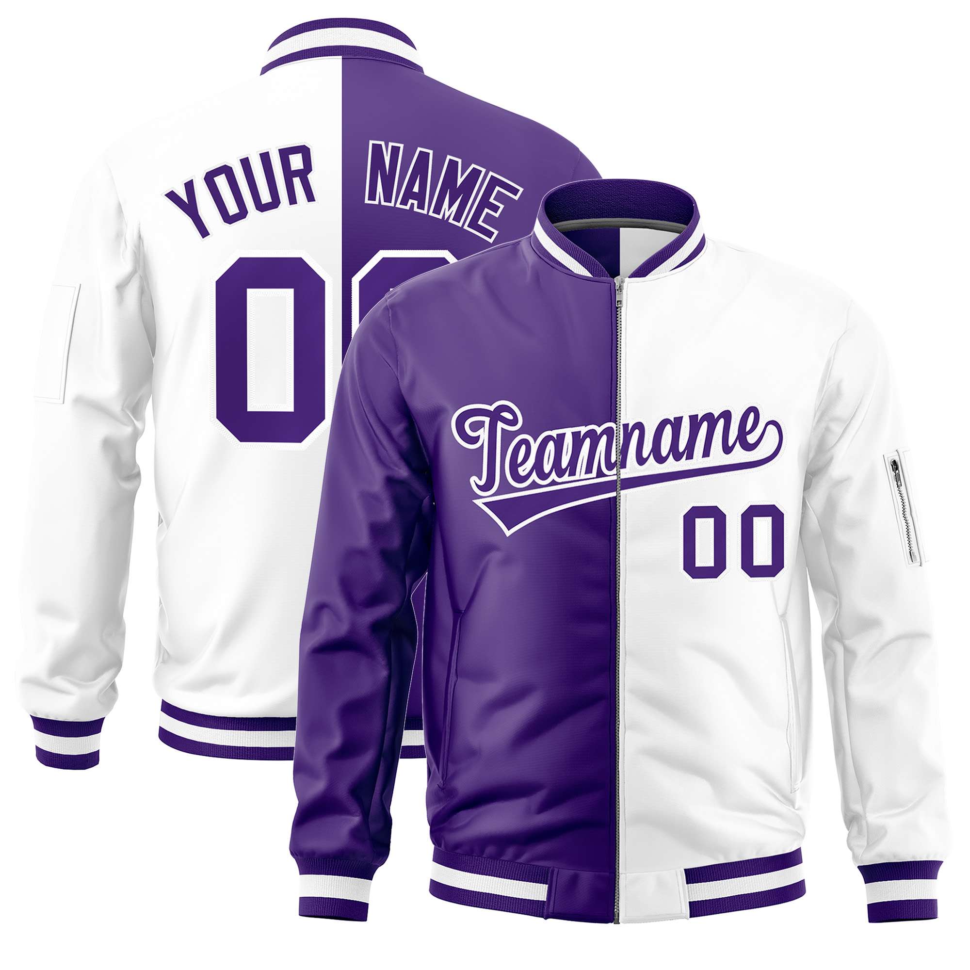 Custom Purple White Split Varsity Full-Zip Two Tone Letterman Bomber Jacket