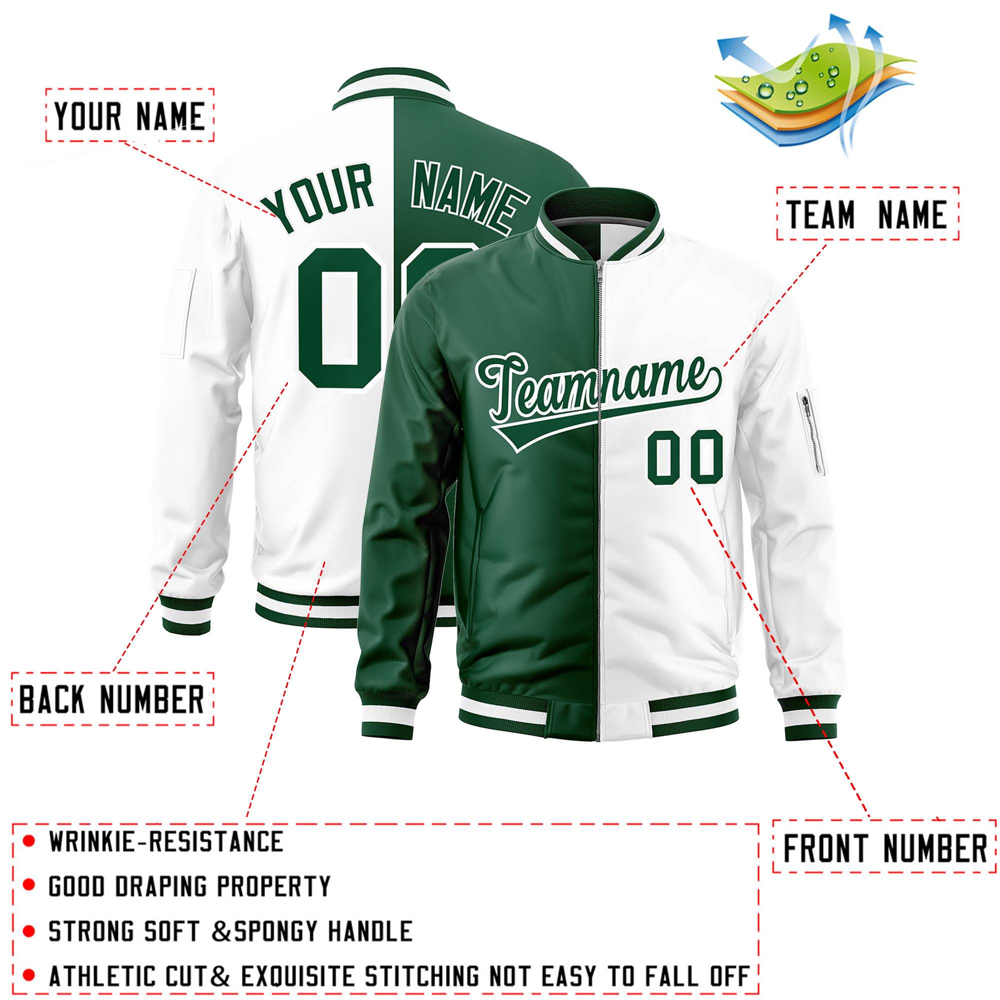 Custom Green White Split Varsity Full-Zip Two Tone Letterman Bomber Jacket