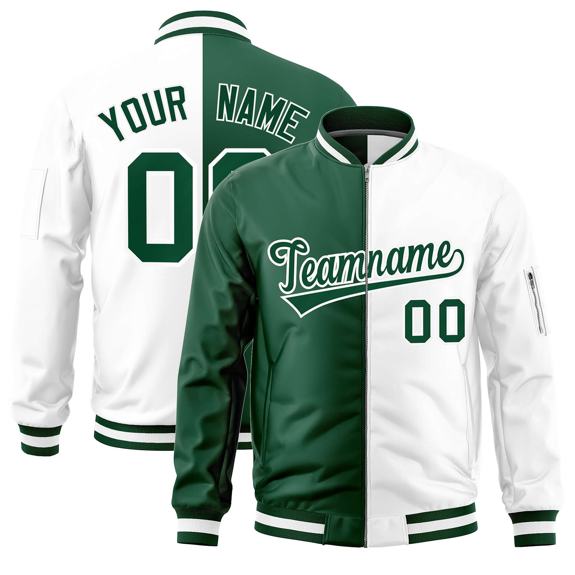 Custom Green White Split Varsity Full-Zip Two Tone Letterman Bomber Jacket