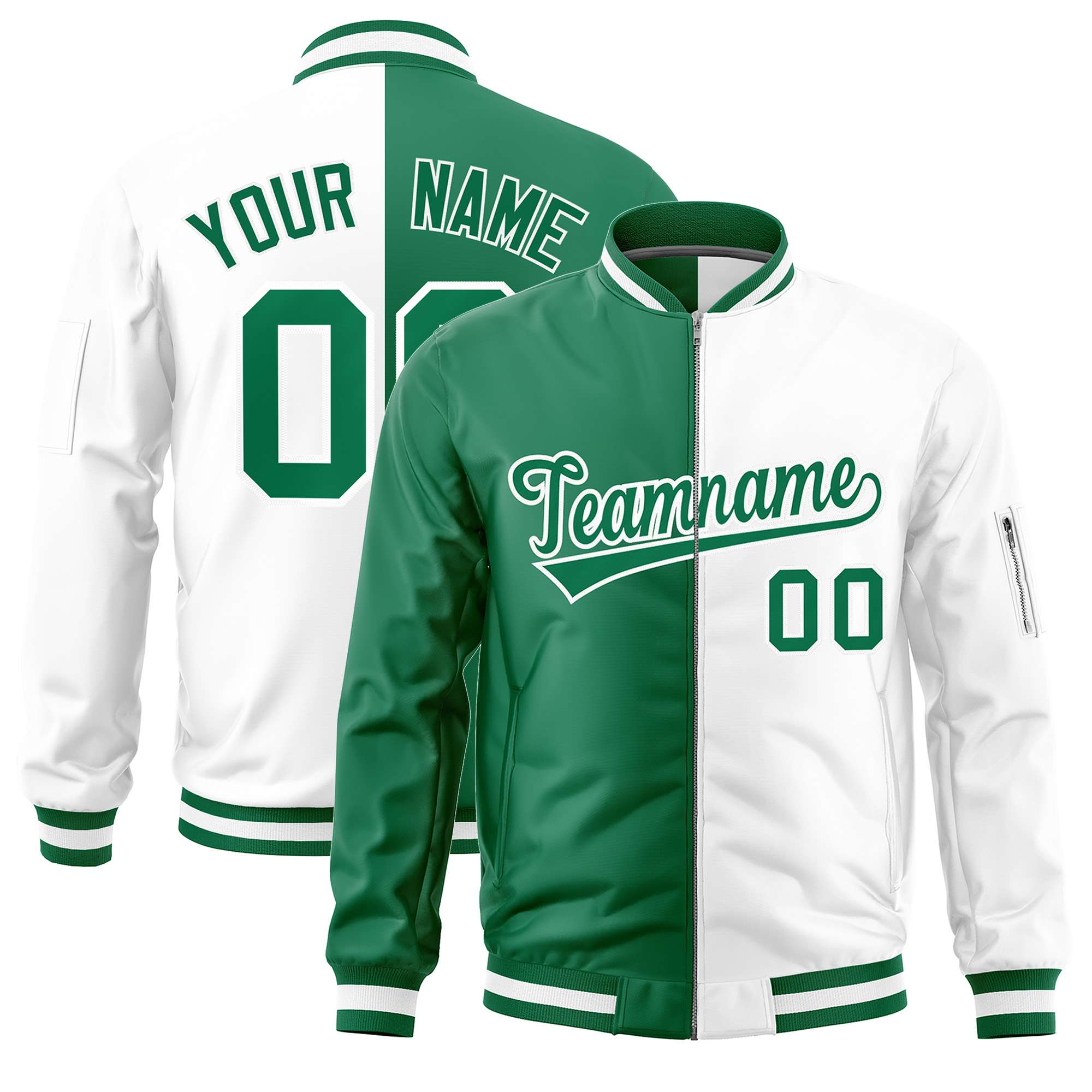 Custom Kelly Green White Split Varsity Full-Zip Two Tone Letterman Bomber Jacket