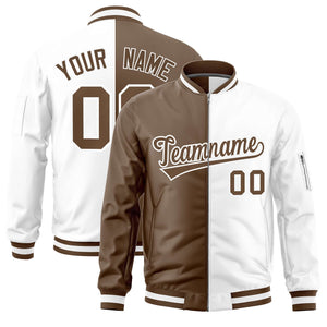 Custom Light Brown White Split Varsity Full-Zip Two Tone Letterman Bomber Jacket