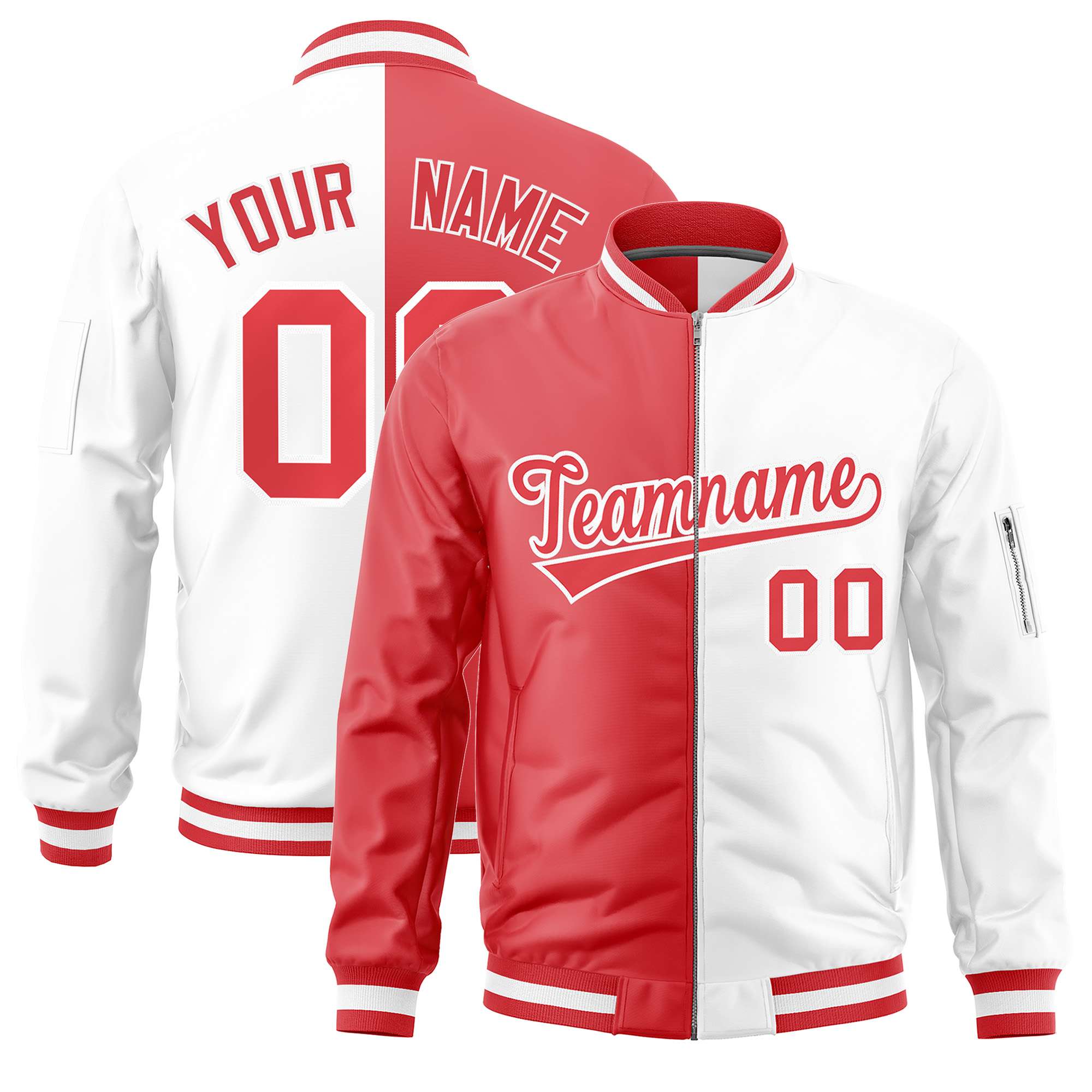 Custom Light Red White Split Varsity Full-Zip Two Tone Letterman Bomber Jacket