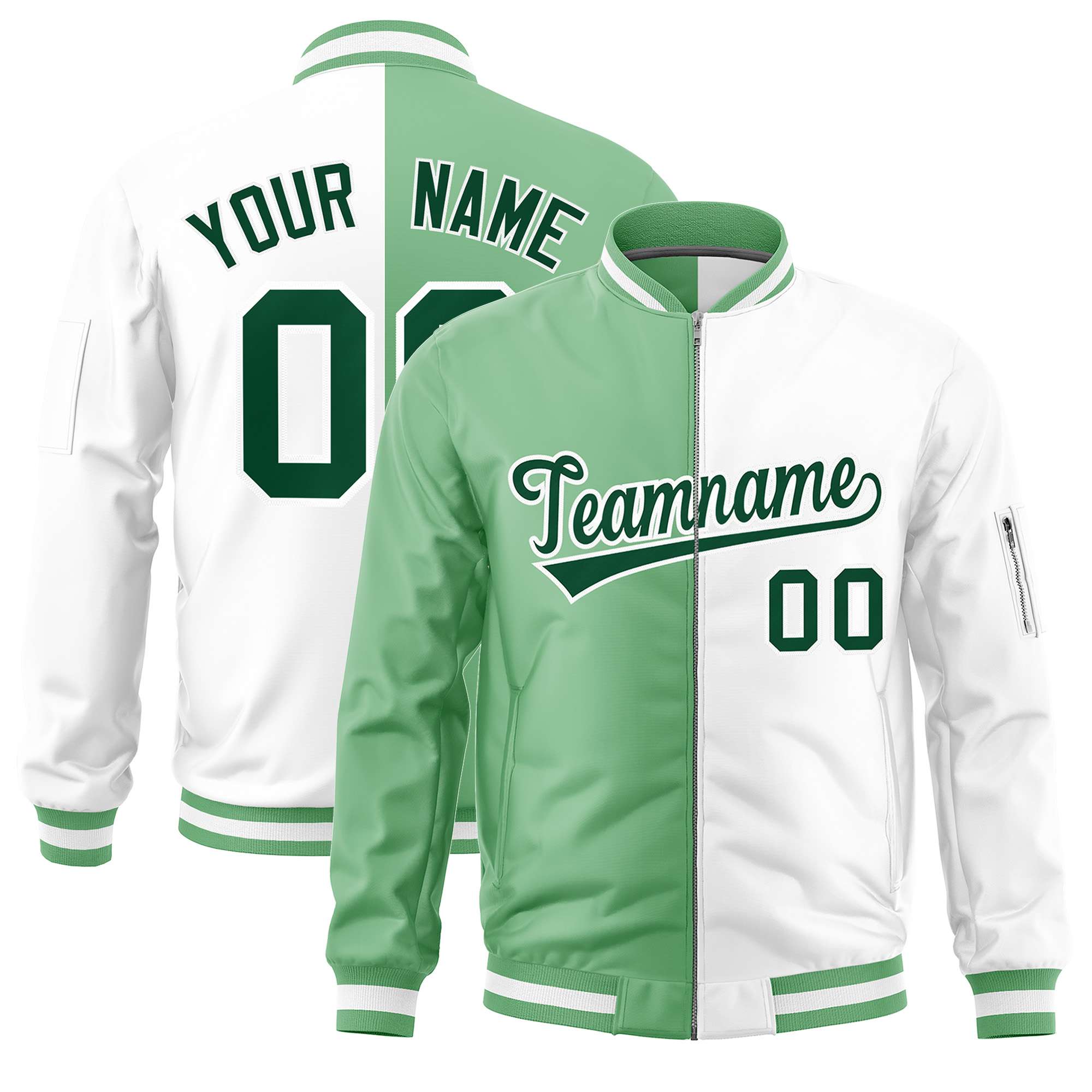 Custom Light Green White Split Varsity Full-Zip Two Tone Letterman Bomber Jacket