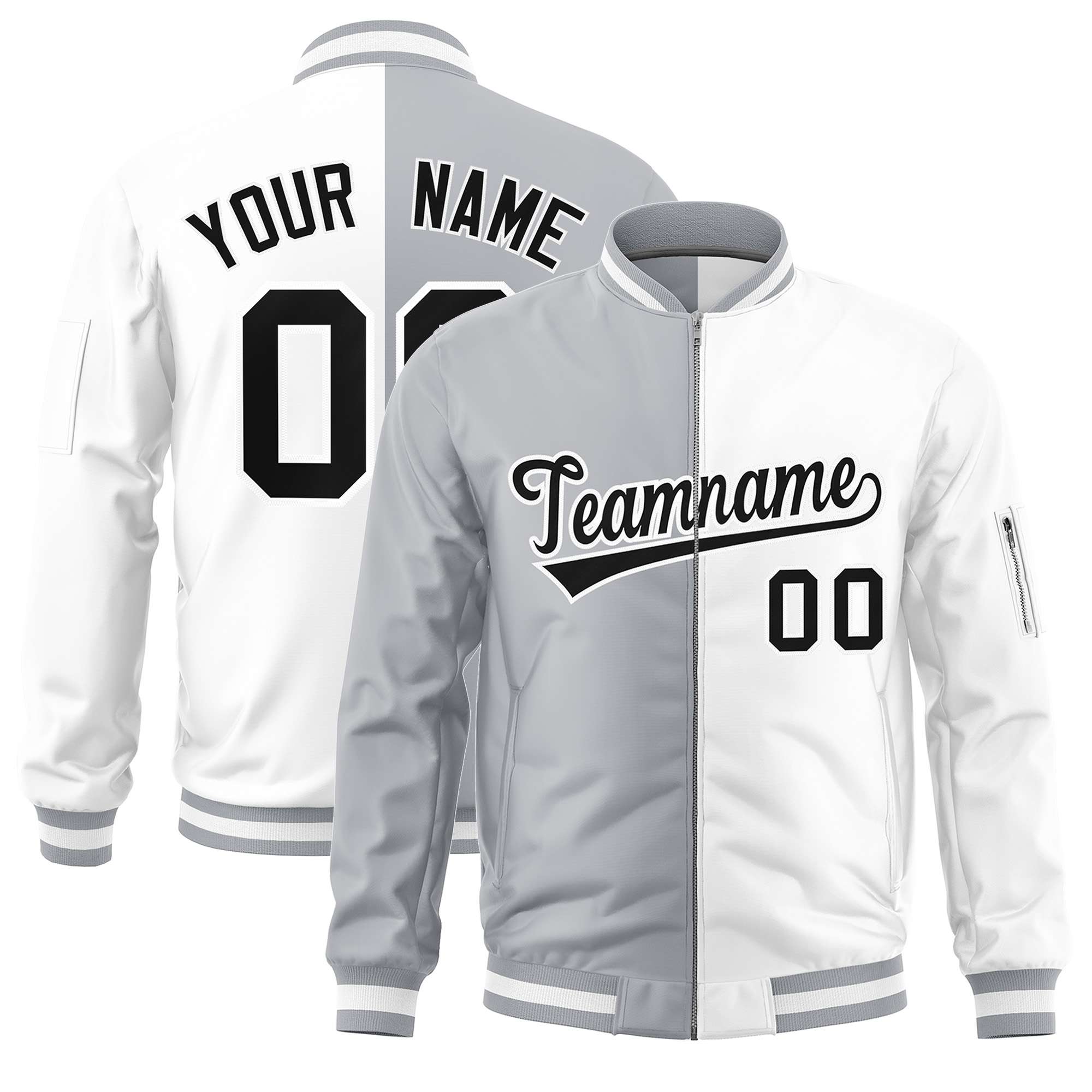 Custom Gray White Split Varsity Full-Zip Two Tone Letterman Bomber Jacket