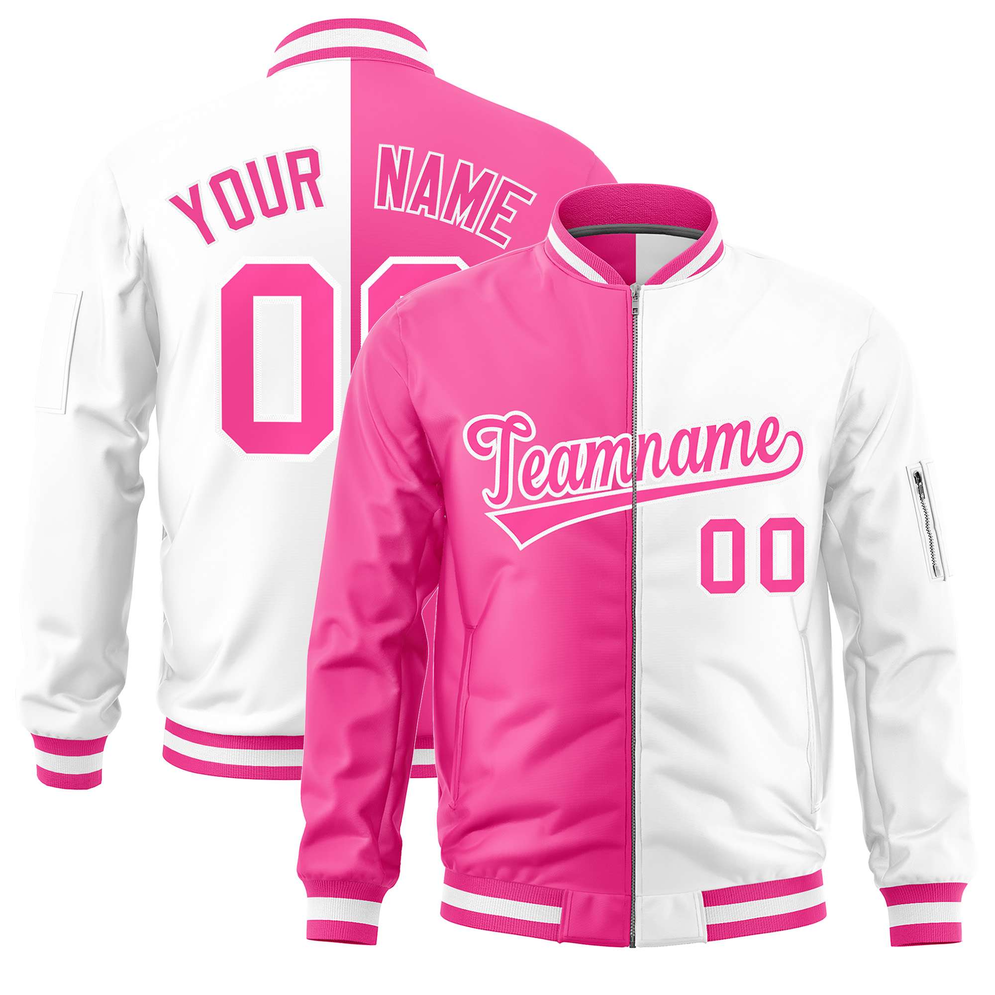 Custom Pink White Split Varsity Full-Zip Two Tone Letterman Bomber Jacket