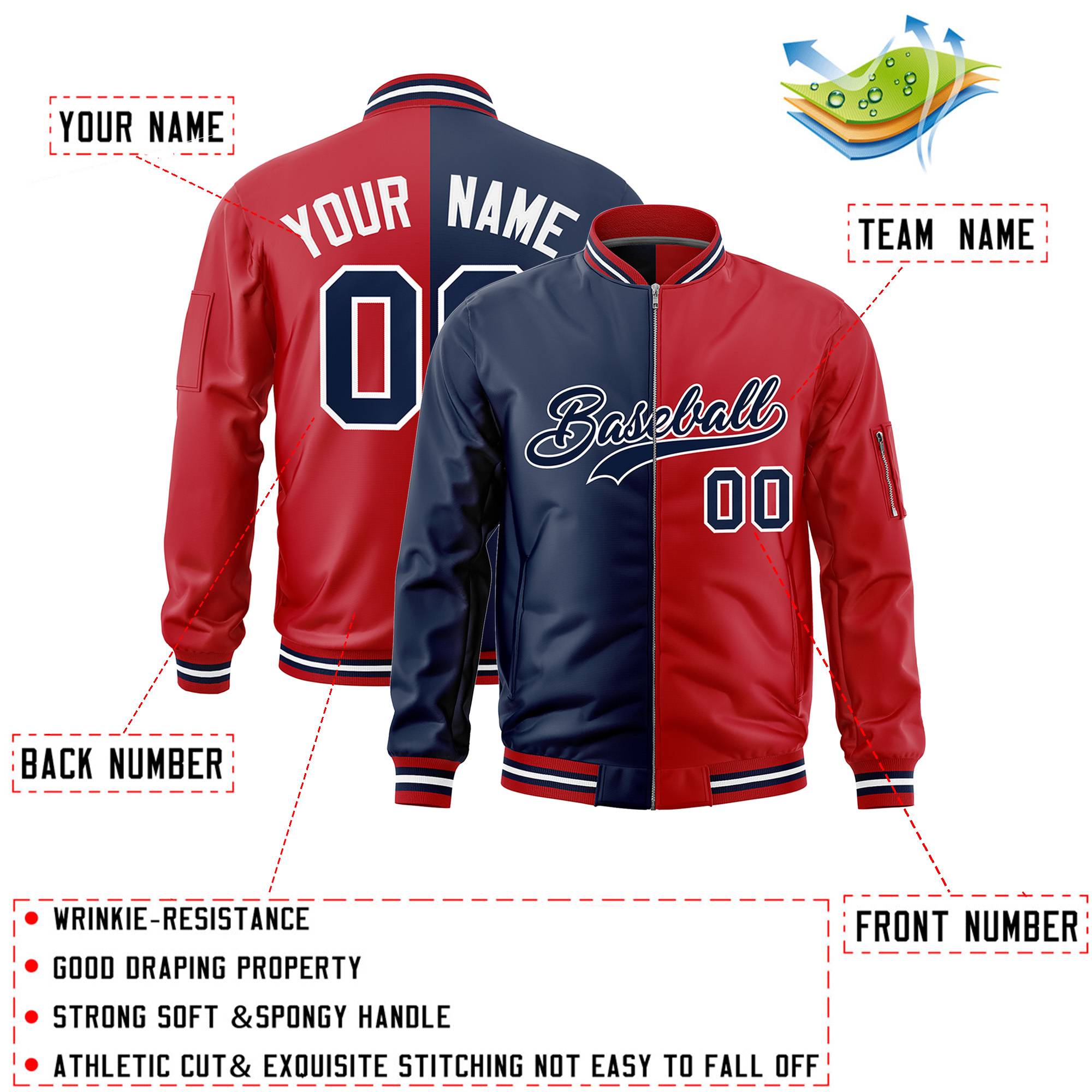 Custom Navy Red Split Varsity Full-Zip Two Tone Letterman Bomber Jacket