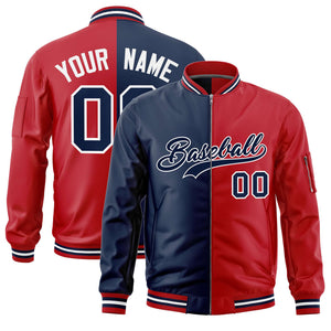 Custom Navy Red Split Varsity Full-Zip Two Tone Letterman Bomber Jacket