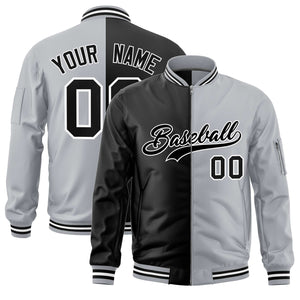 Custom Black Gray Split Varsity Full-Zip Two Tone Letterman Bomber Jacket