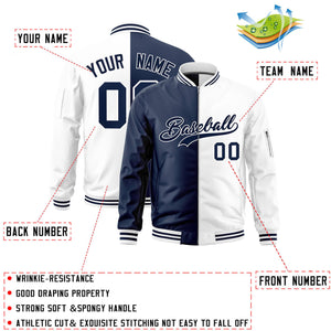 Custom Navy White Split Varsity Full-Zip Two Tone Letterman Bomber Jacket