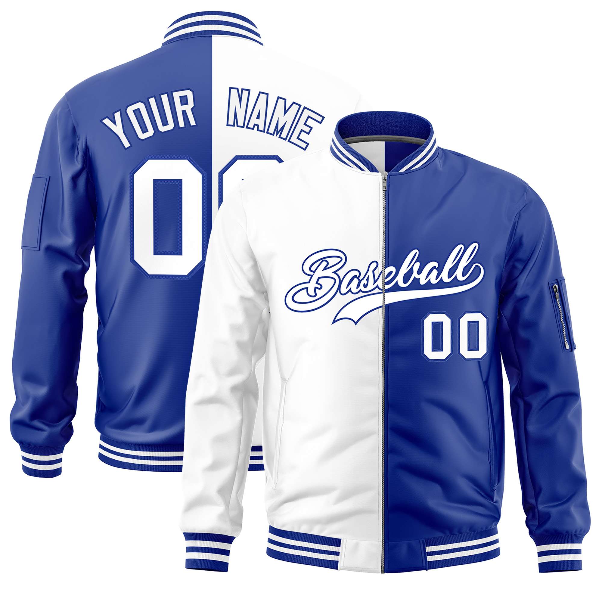 Custom White Royal Split Varsity Full-Zip Two Tone Letterman Bomber Jacket