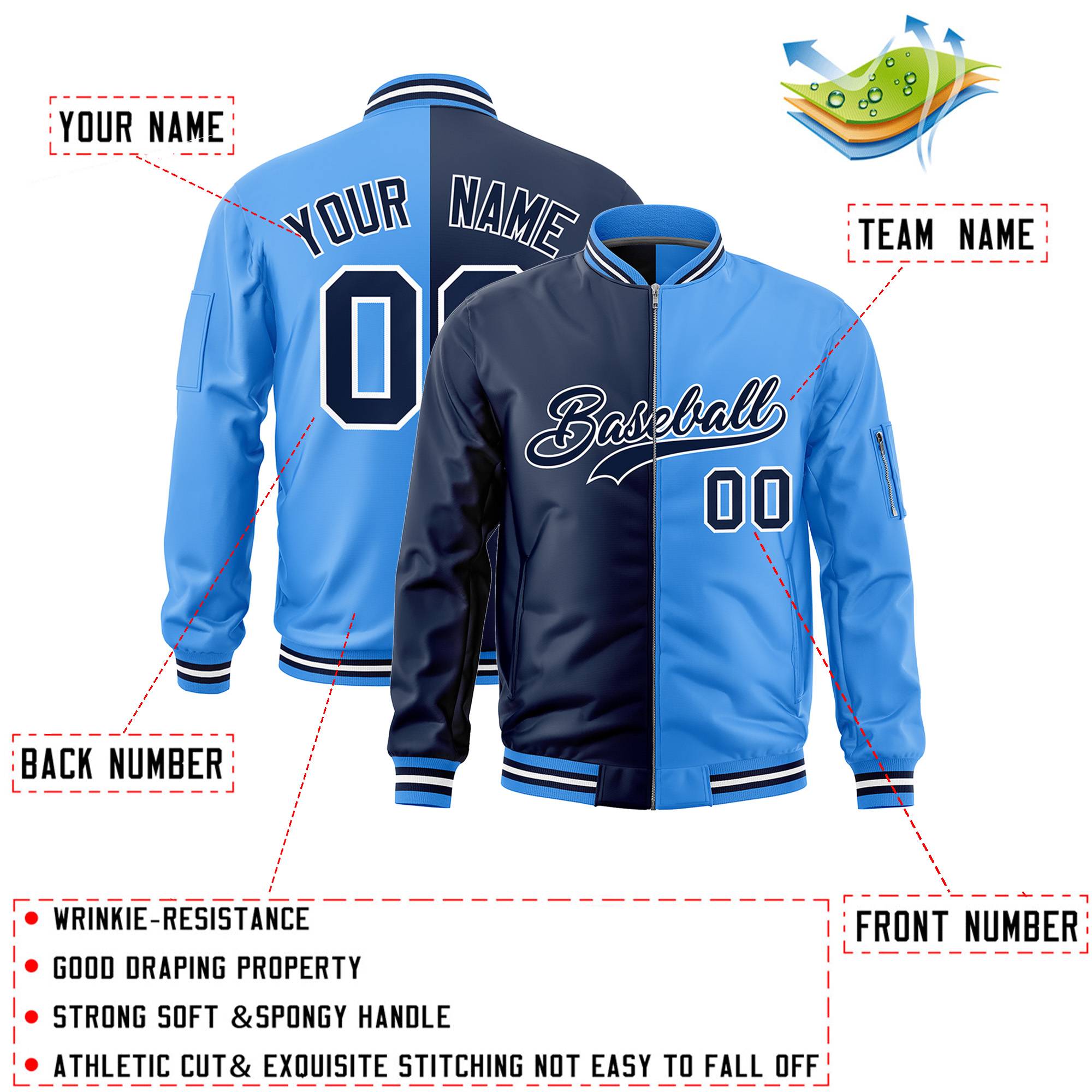 Custom Navy Powder Blue Split Varsity Full-Zip Two Tone Letterman Bomber Jacket