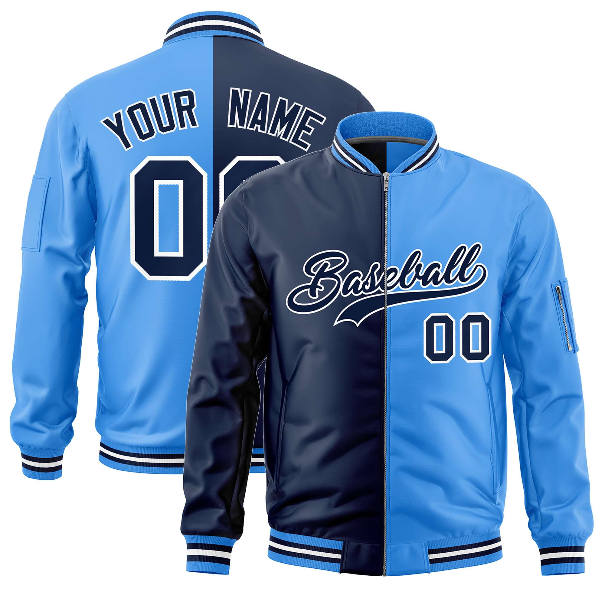 Custom Navy Powder Blue Split Varsity Full-Zip Two Tone Letterman Bomber Jacket