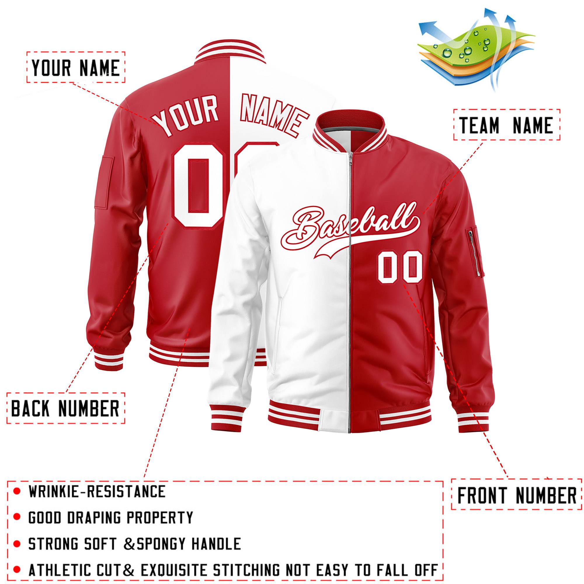 Custom White Red Split Varsity Full-Zip Two Tone Letterman Bomber Jacket