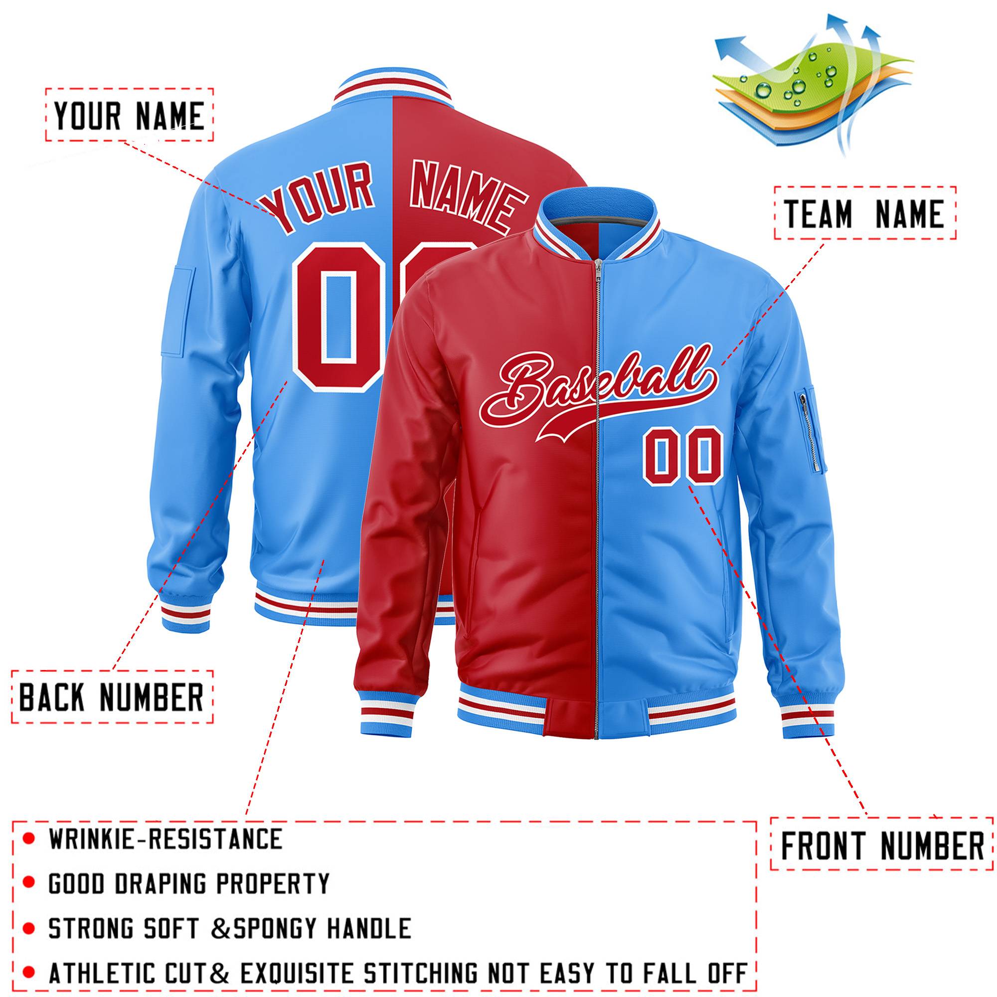 Custom Red Powder Blue Split Varsity Full-Zip Two Tone Letterman Bomber Jacket