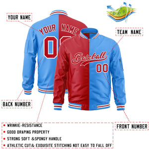 Custom Red Powder Blue Split Varsity Full-Zip Two Tone Letterman Bomber Jacket