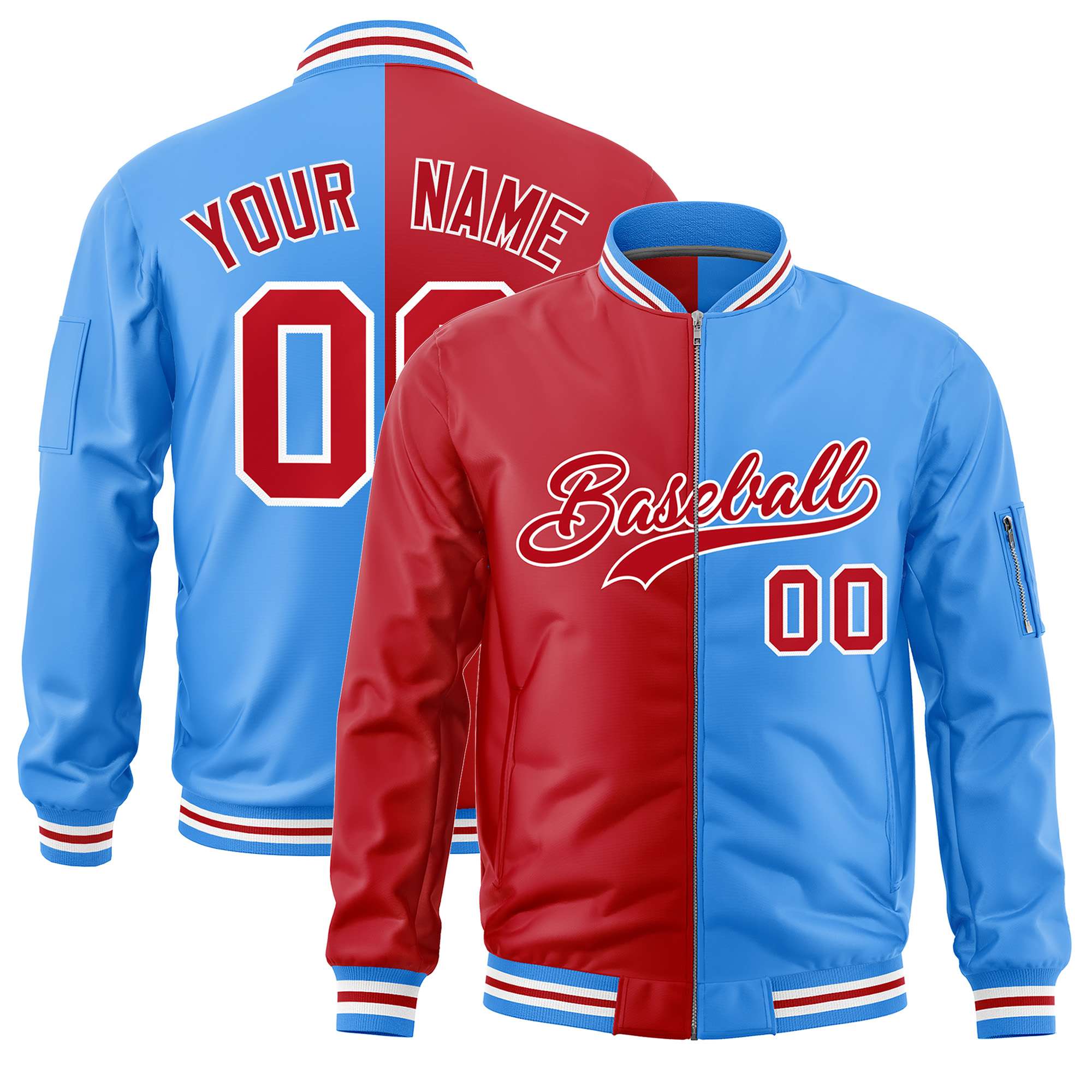 Custom Red Powder Blue Split Varsity Full-Zip Two Tone Letterman Bomber Jacket