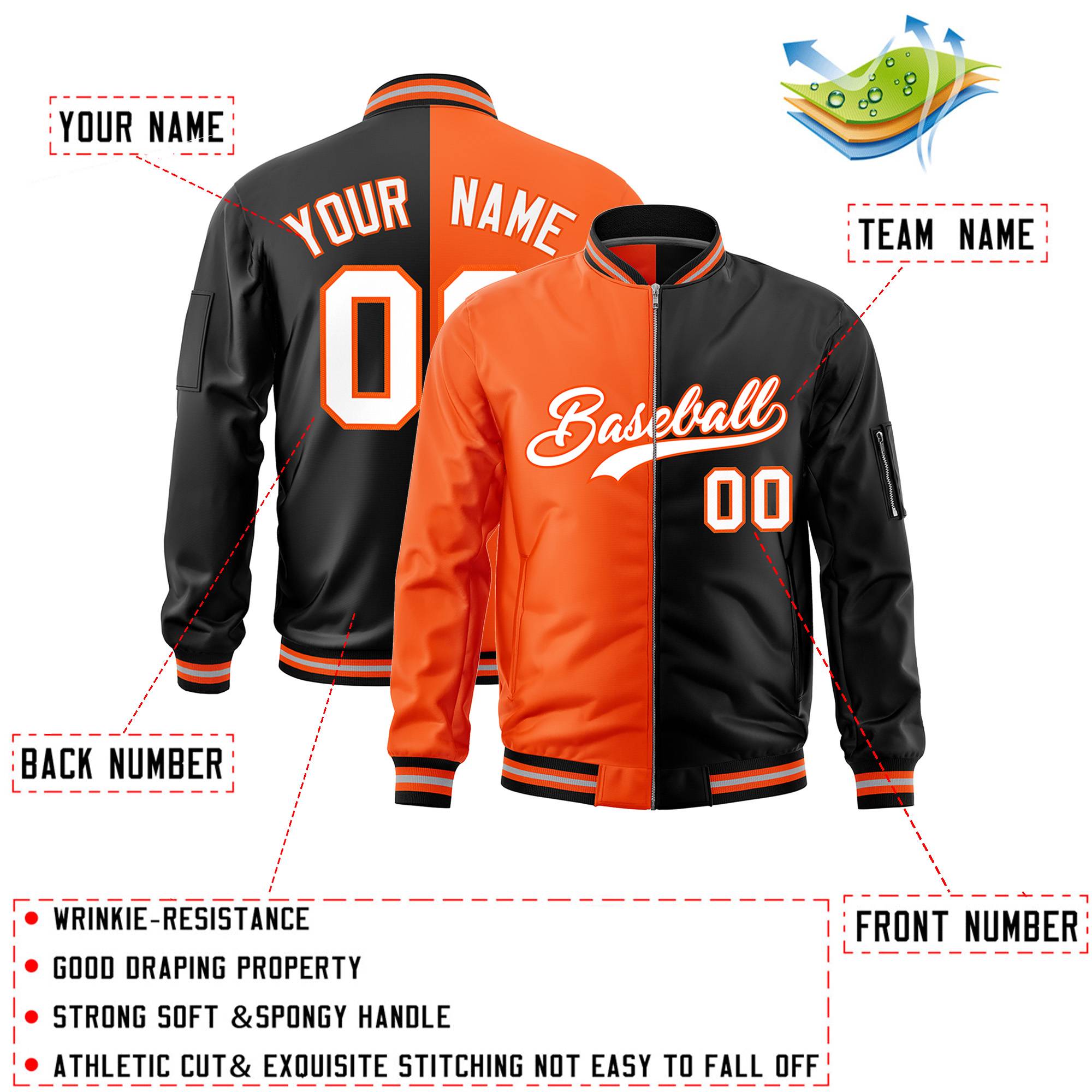 Custom Orange Black Split Varsity Full-Zip Two Tone Letterman Bomber Jacket