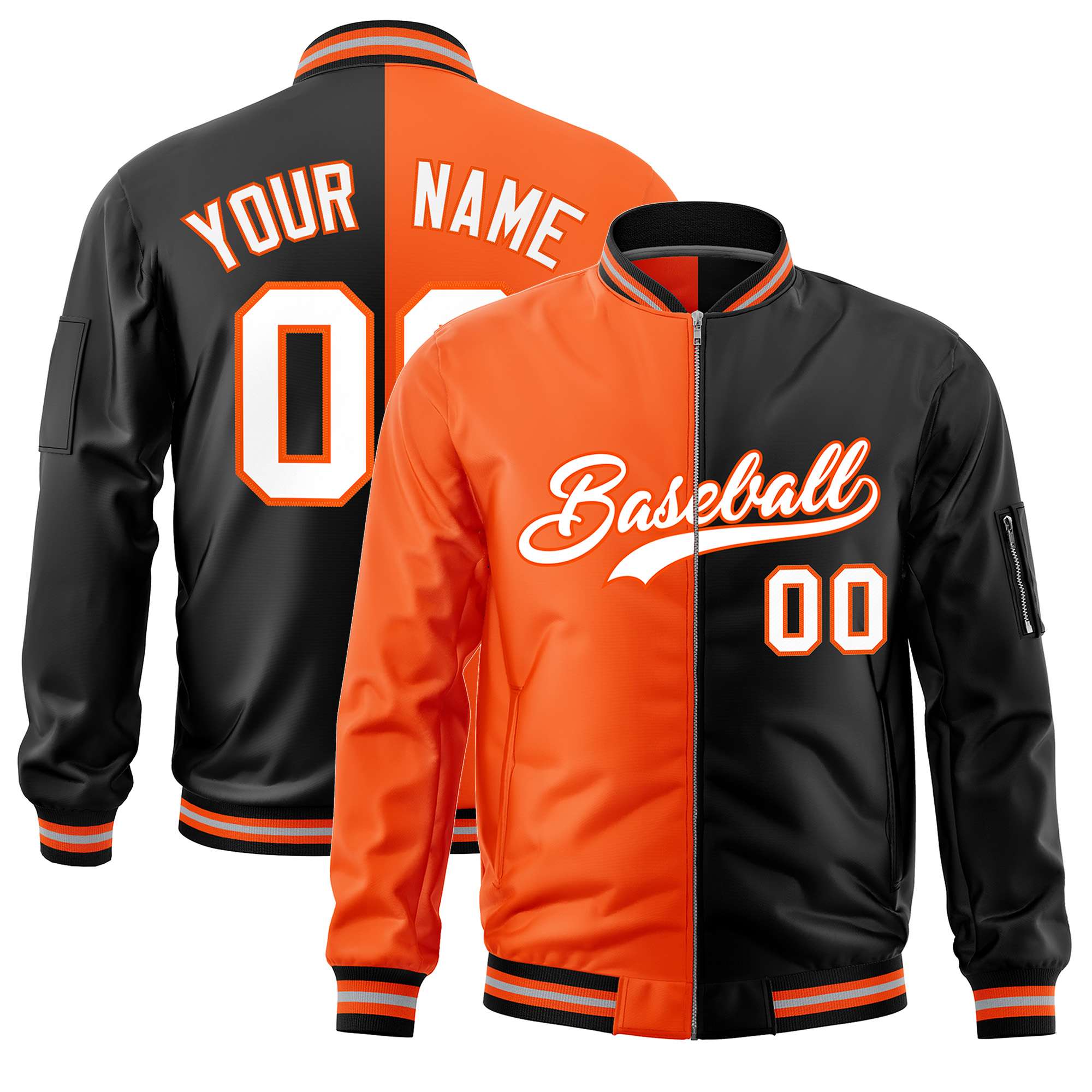 Custom Orange Black Split Varsity Full-Zip Two Tone Letterman Bomber Jacket