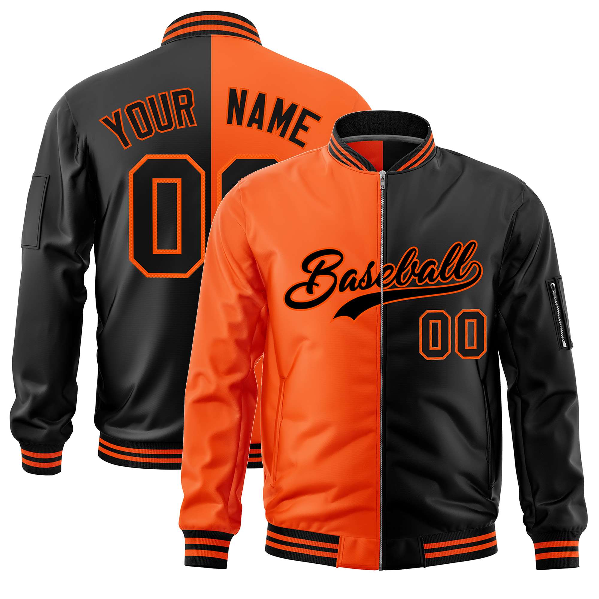 Custom Orange Black Split Varsity Full-Zip Two Tone Letterman Bomber Jacket