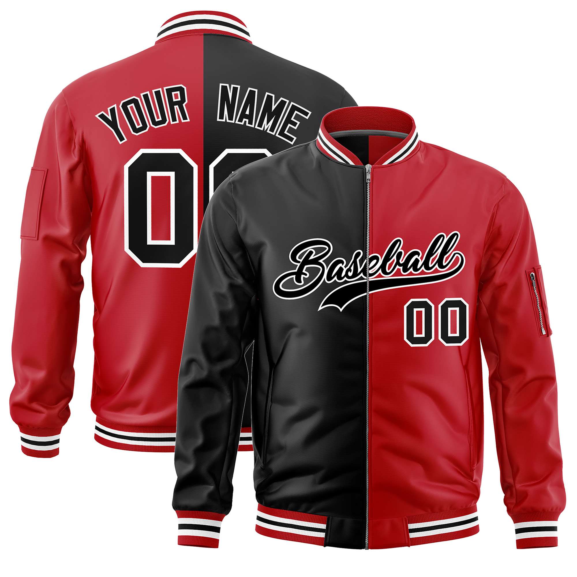 Custom Black Red Split Varsity Full-Zip Two Tone Letterman Bomber Jacket