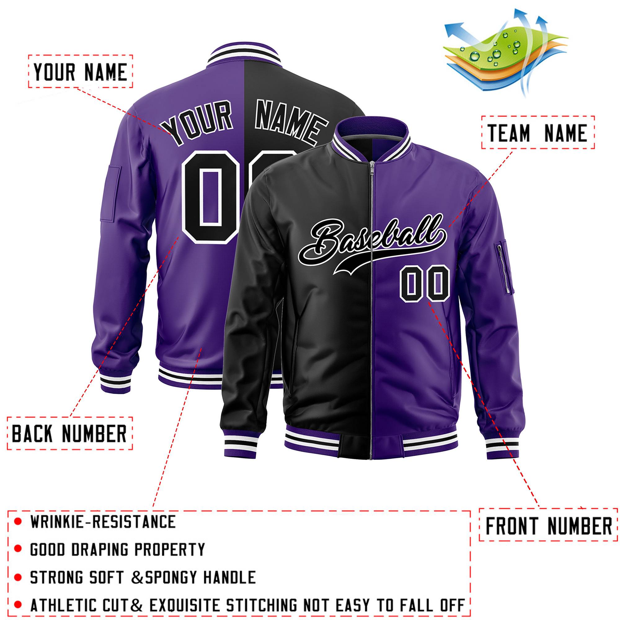 Custom Black Purple Split Varsity Full-Zip Two Tone Letterman Bomber Jacket