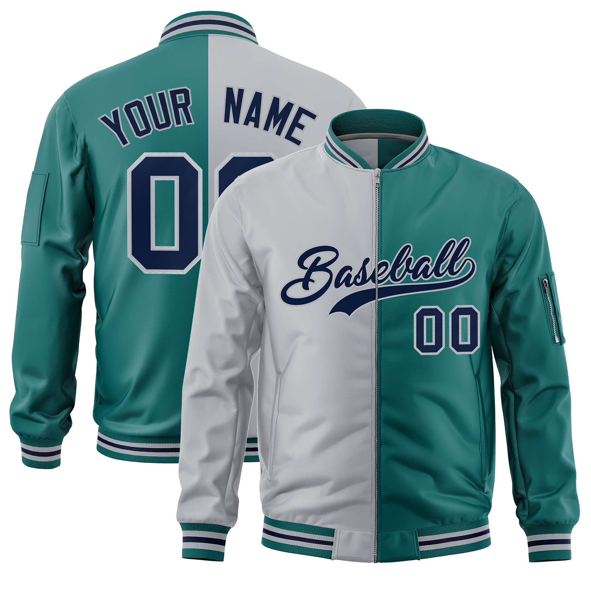 Custom Gray Aqua Split Varsity Full-Zip Two Tone Letterman Bomber Jacket