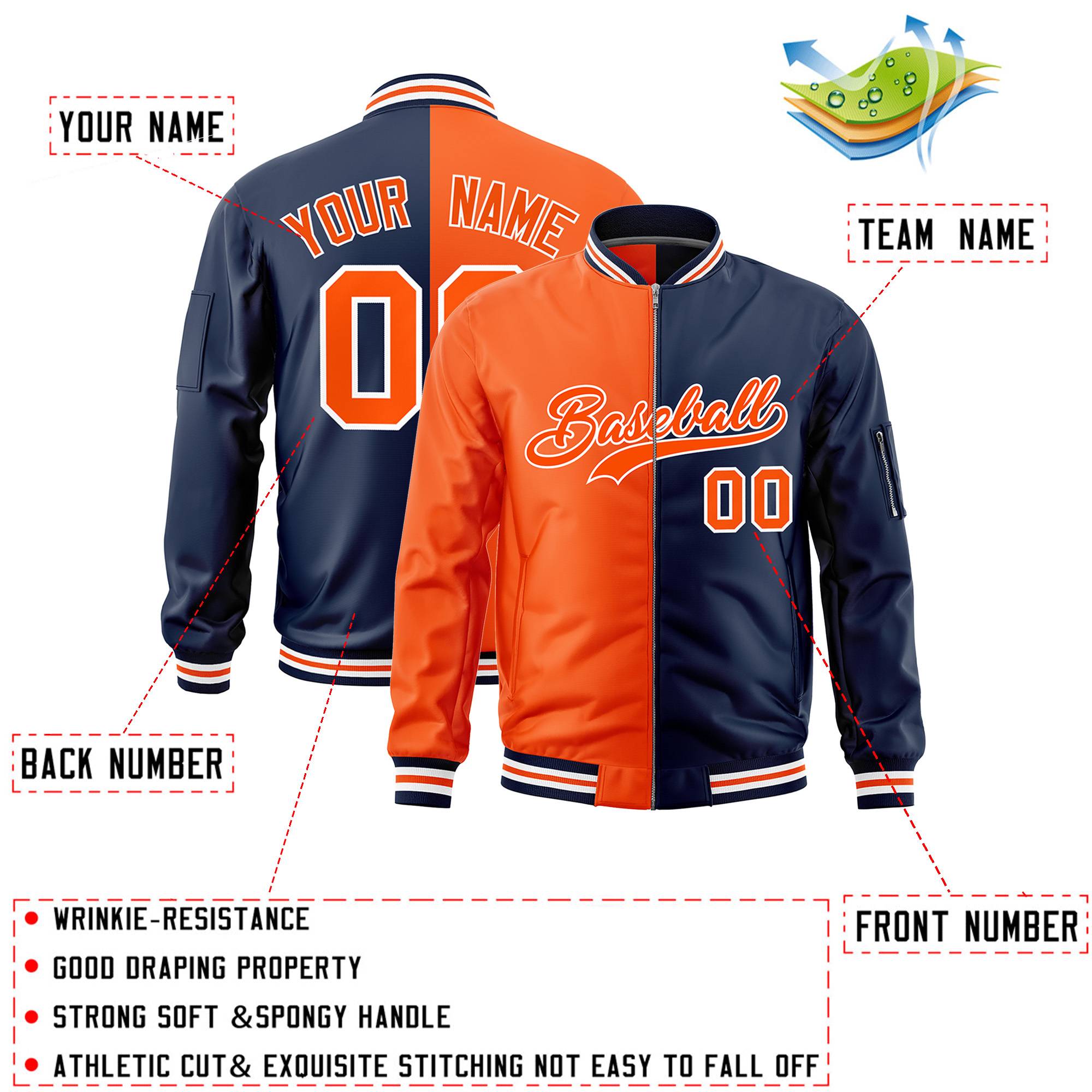 Custom Orange Navy Split Varsity Full-Zip Two Tone Letterman Bomber Jacket