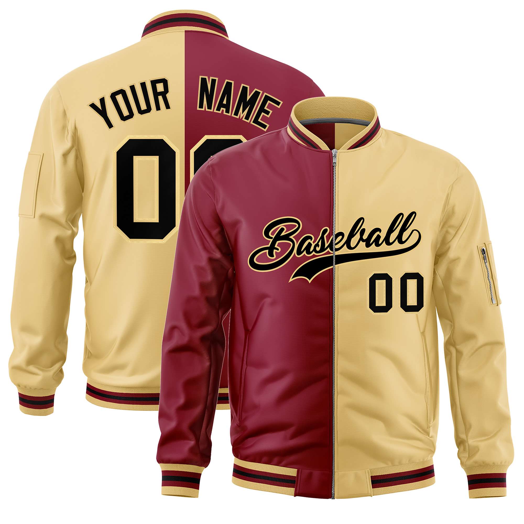 Custom Crimson Khaki Split Varsity Full-Zip Two Tone Letterman Bomber Jacket