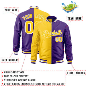 Custom Gold Purple Split Varsity Full-Zip Two Tone Letterman Bomber Jacket