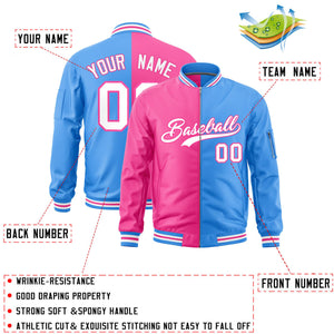 Custom Pink Powder Blue Split Varsity Full-Zip Two Tone Letterman Bomber Jacket