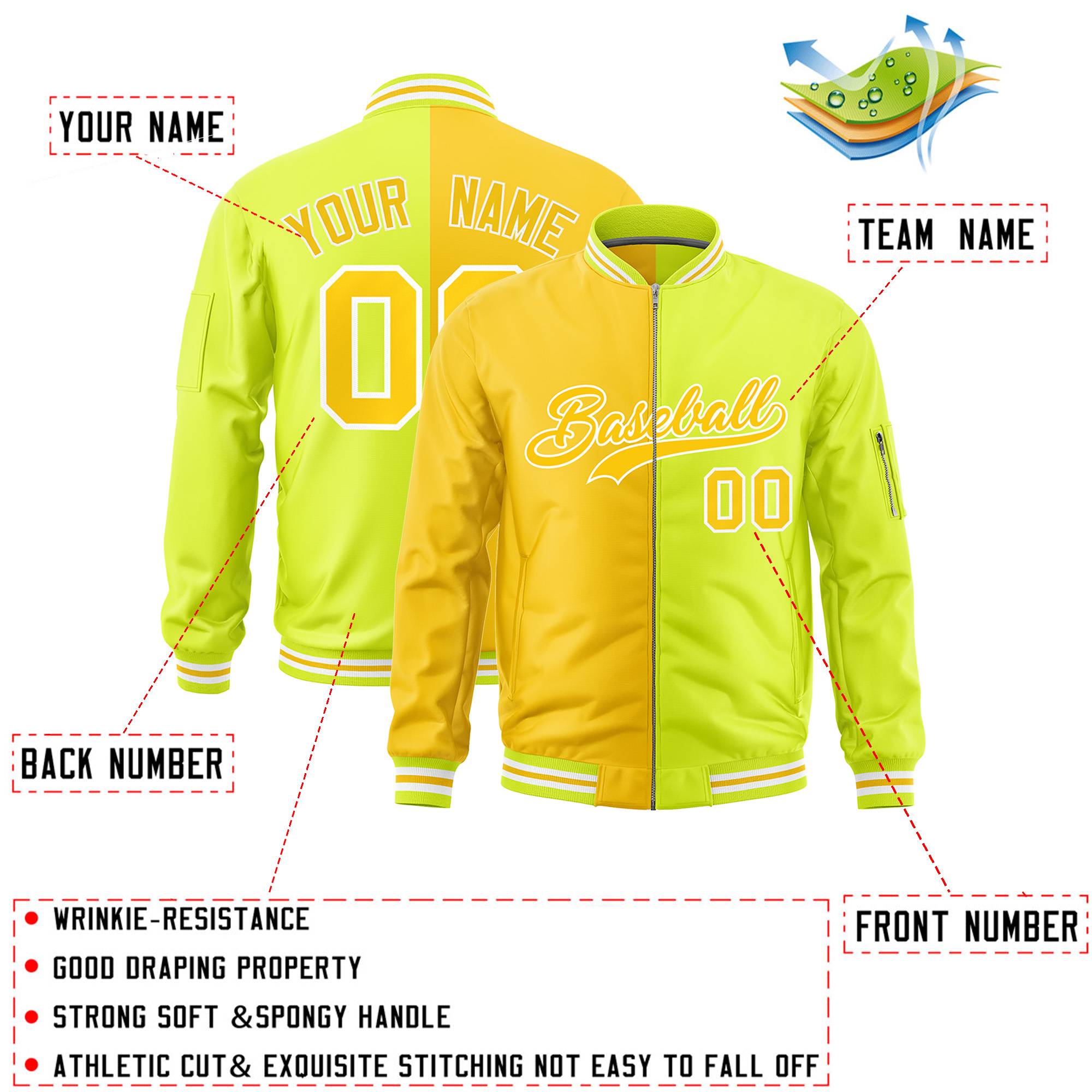 Custom Gold Fluorescent Green Split Varsity Full-Zip Two Tone Letterman Bomber Jacket