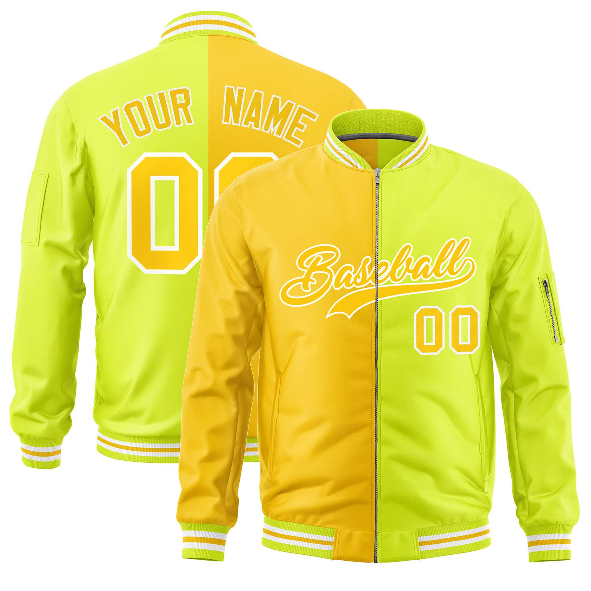 Custom Gold Fluorescent Green Split Varsity Full-Zip Two Tone Letterman Bomber Jacket