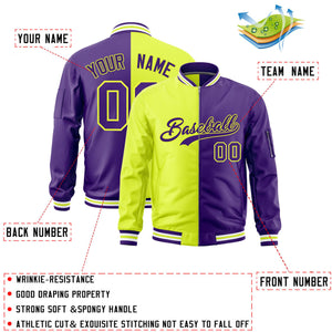 Custom Fluorescent Green Purple Split Varsity Full-Zip Two Tone Letterman Bomber Jacket