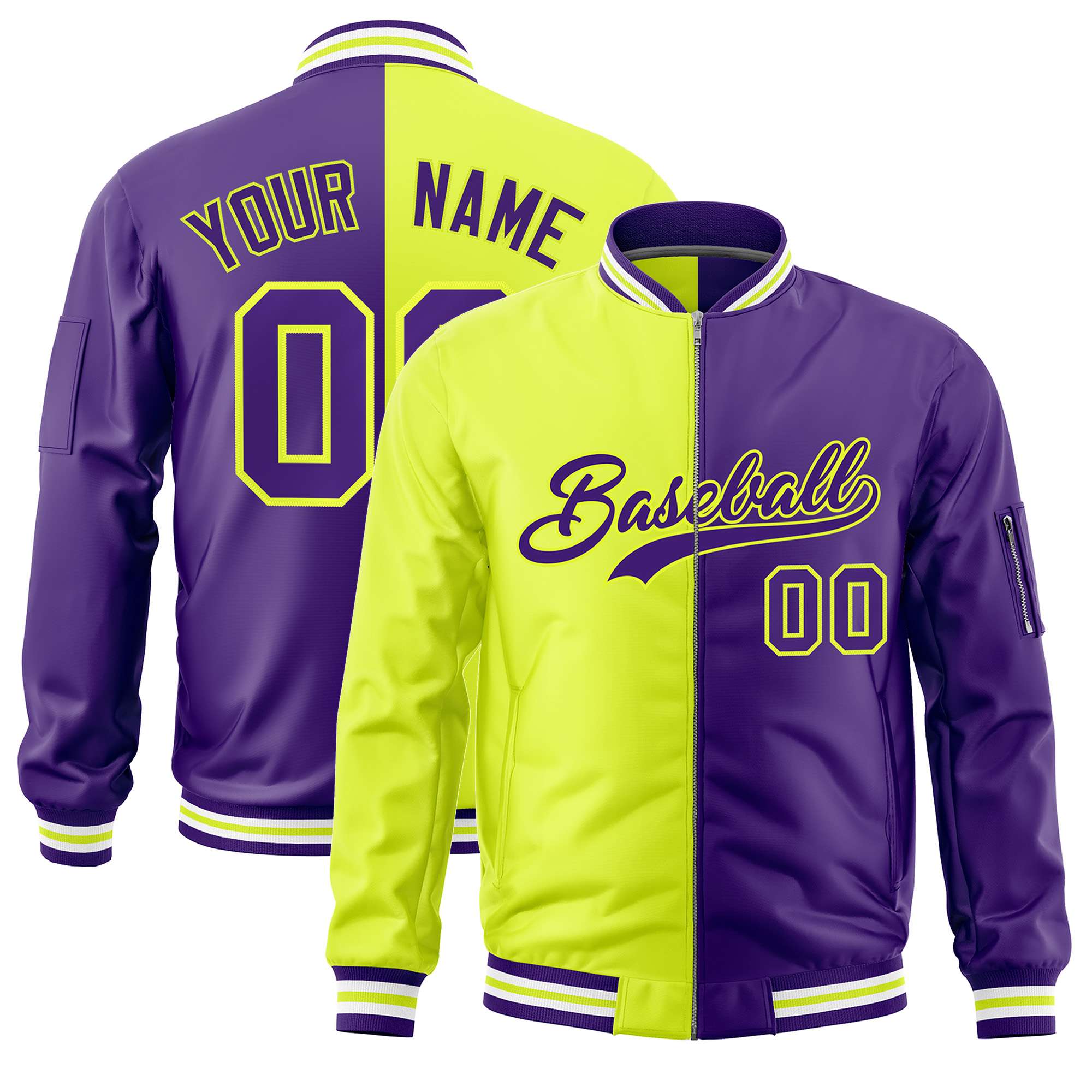 Custom Fluorescent Green Purple Split Varsity Full-Zip Two Tone Letterman Bomber Jacket