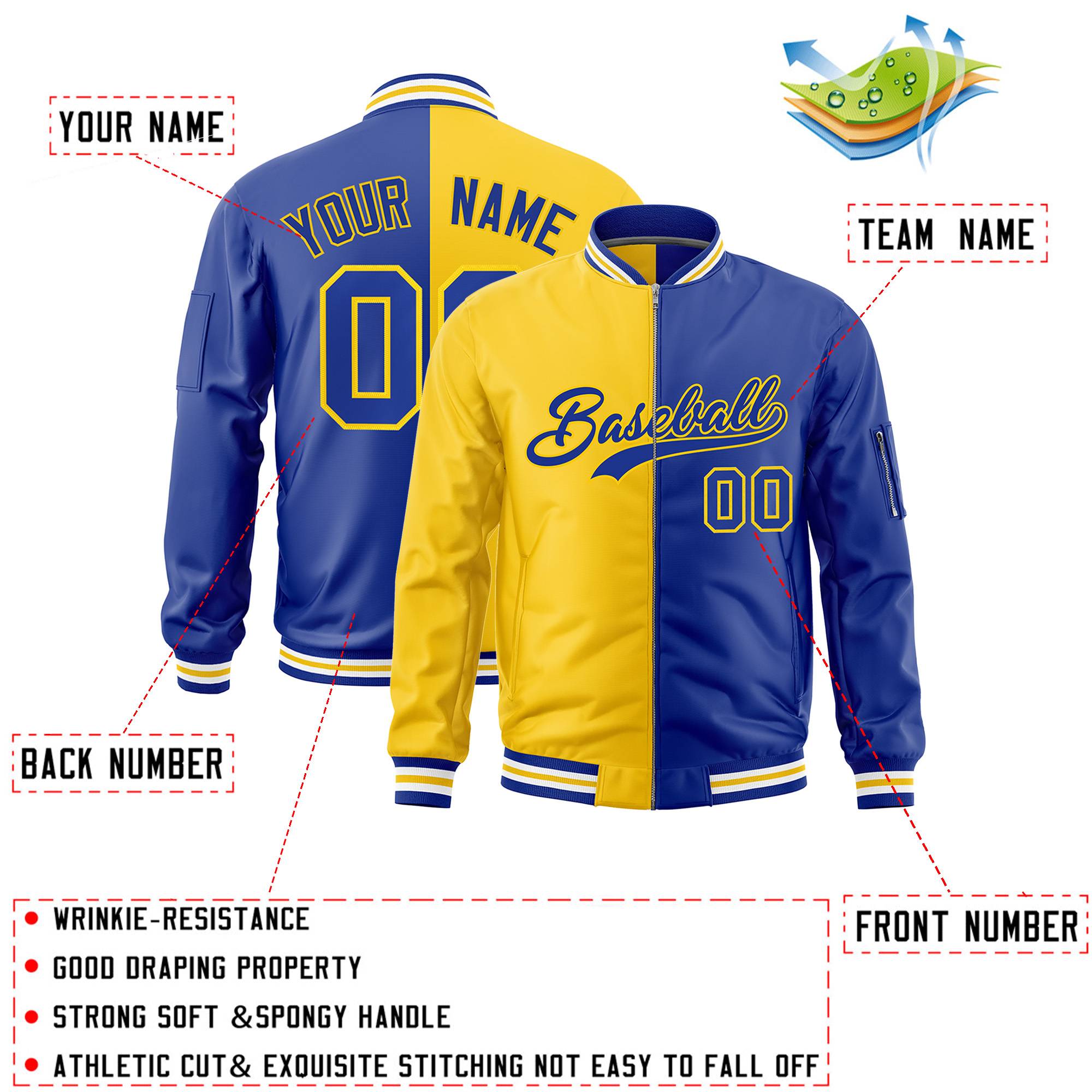 Custom Gold Royal Split Varsity Full-Zip Two Tone Letterman Bomber Jacket