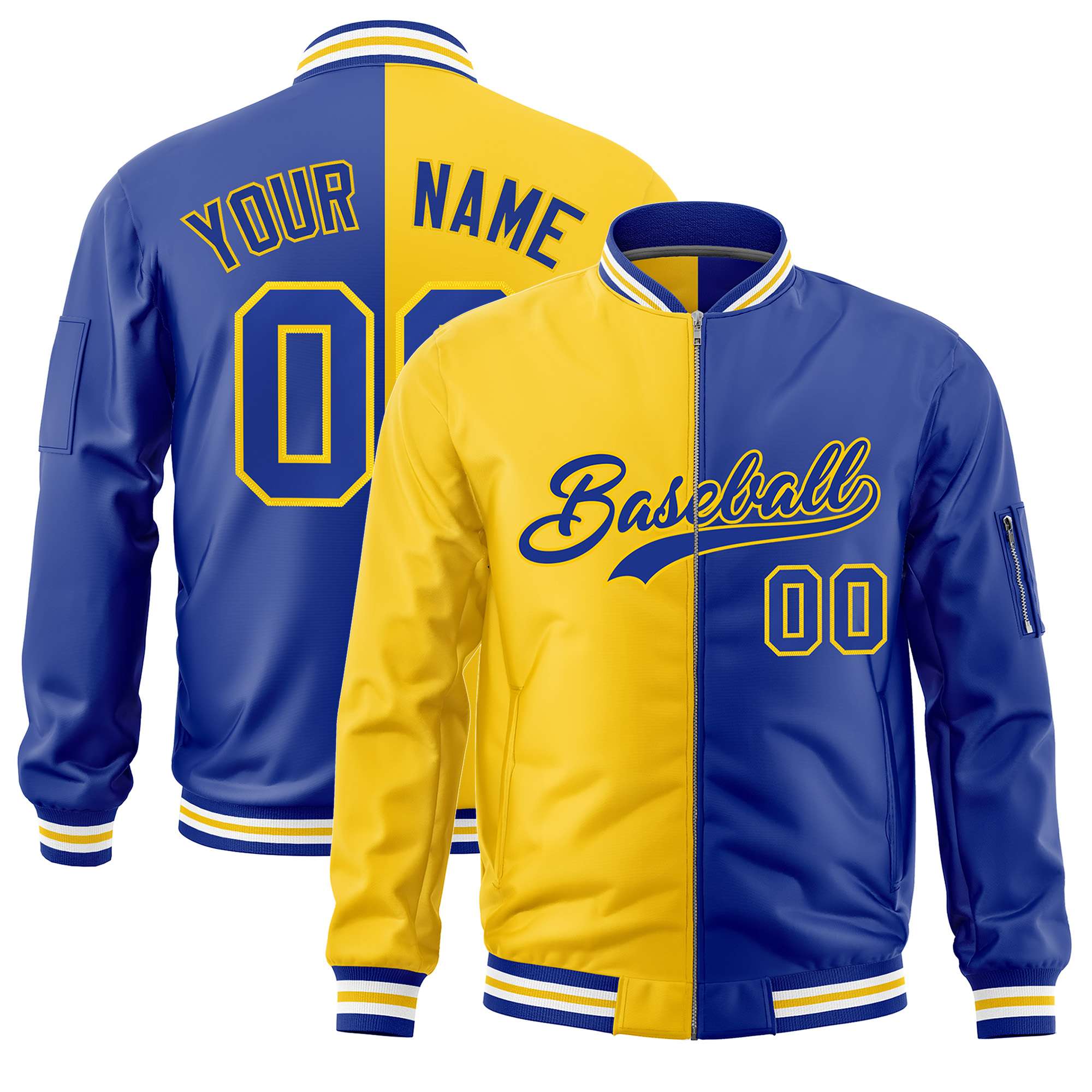 Custom Gold Royal Split Varsity Full-Zip Two Tone Letterman Bomber Jacket