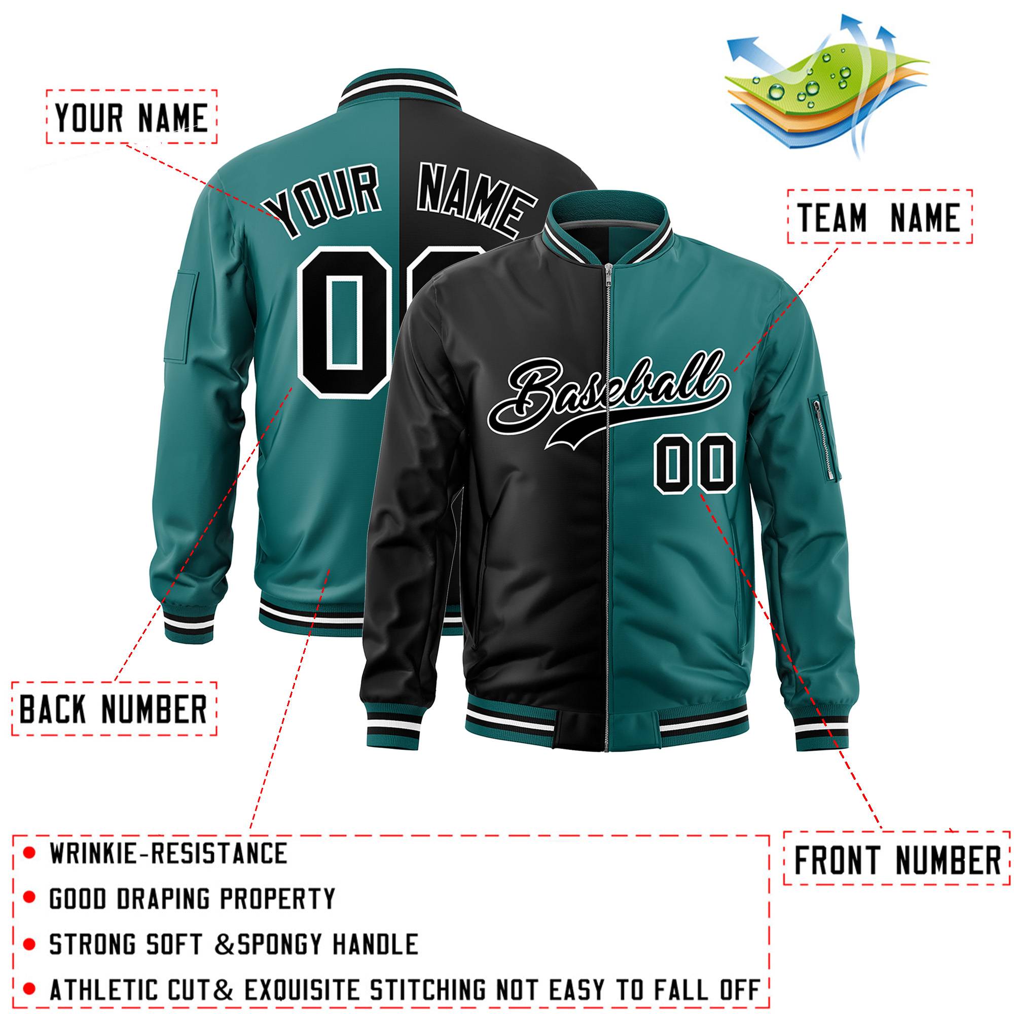 Custom Black Aqua Split Varsity Full-Zip Two Tone Letterman Bomber Jacket