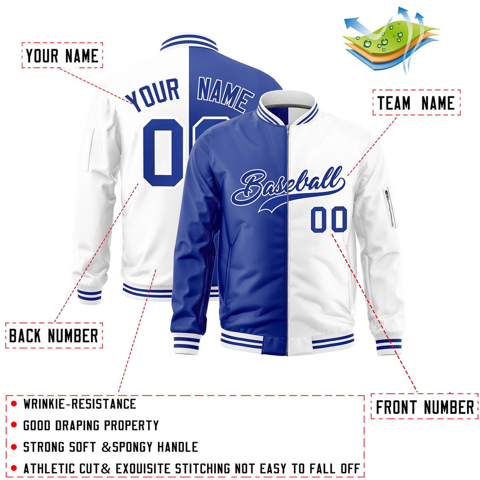 Custom Royal White Split Varsity Full-Zip Two Tone Letterman Bomber Jacket