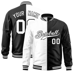 Custom White Black Split Varsity Full-Zip Two Tone Letterman Bomber Jacket