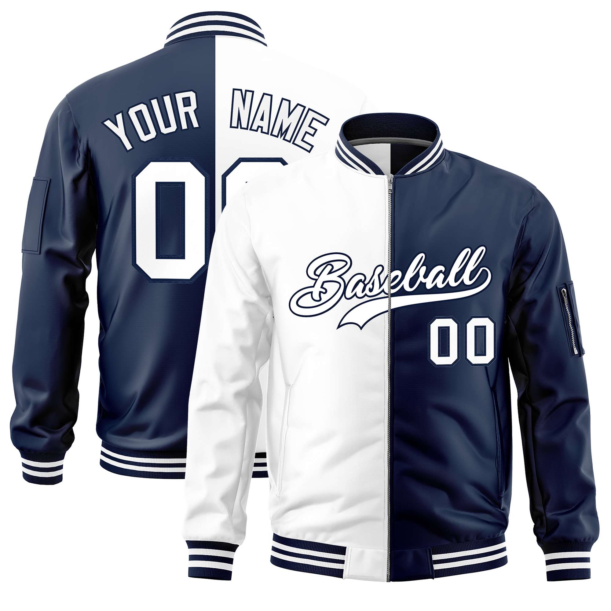 Custom White Navy Split Varsity Full-Zip Two Tone Letterman Bomber Jacket