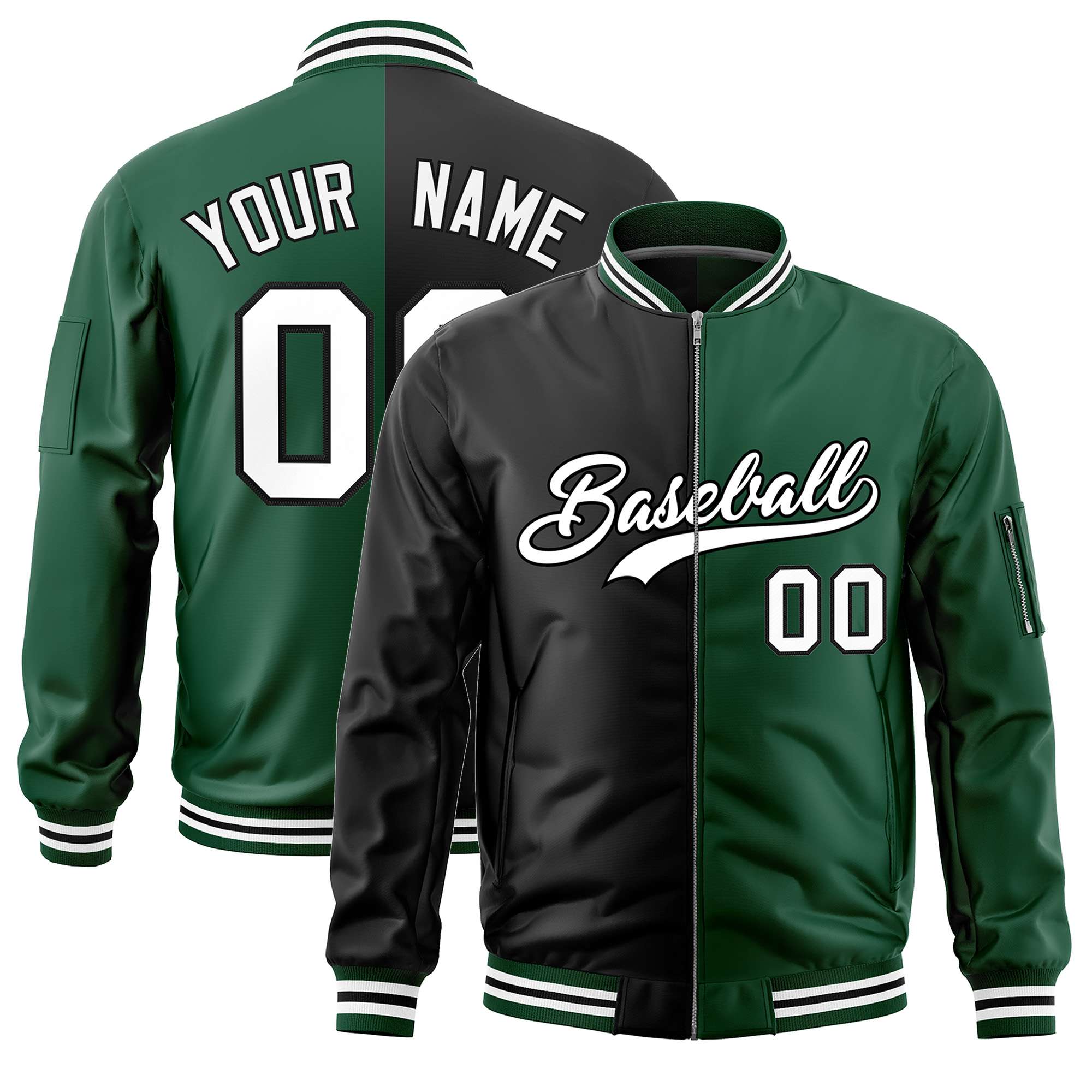 Custom Black Green Split Varsity Full-Zip Two Tone Letterman Bomber Jacket