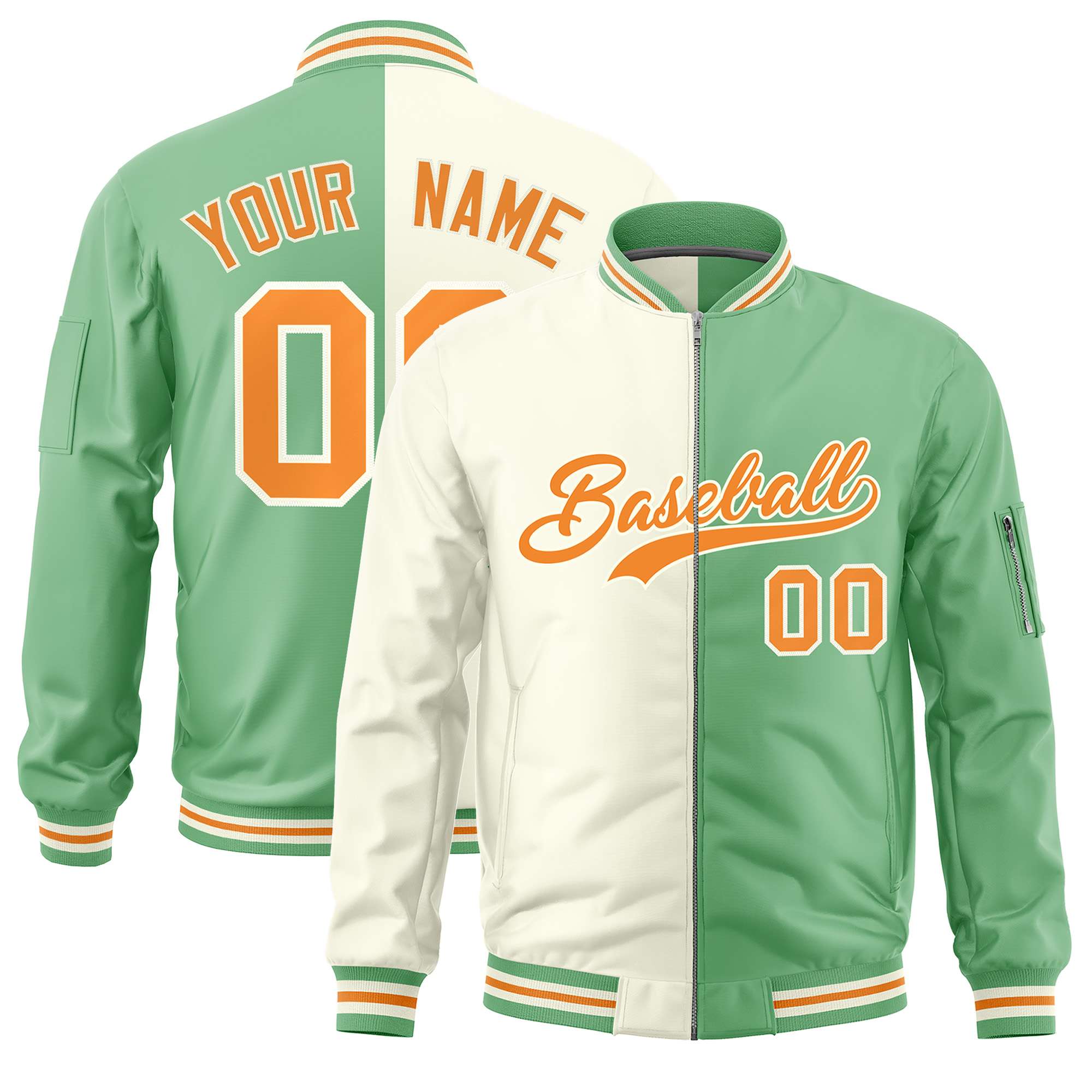 Custom Cream Light Green Split Varsity Full-Zip Two Tone Letterman Bomber Jacket