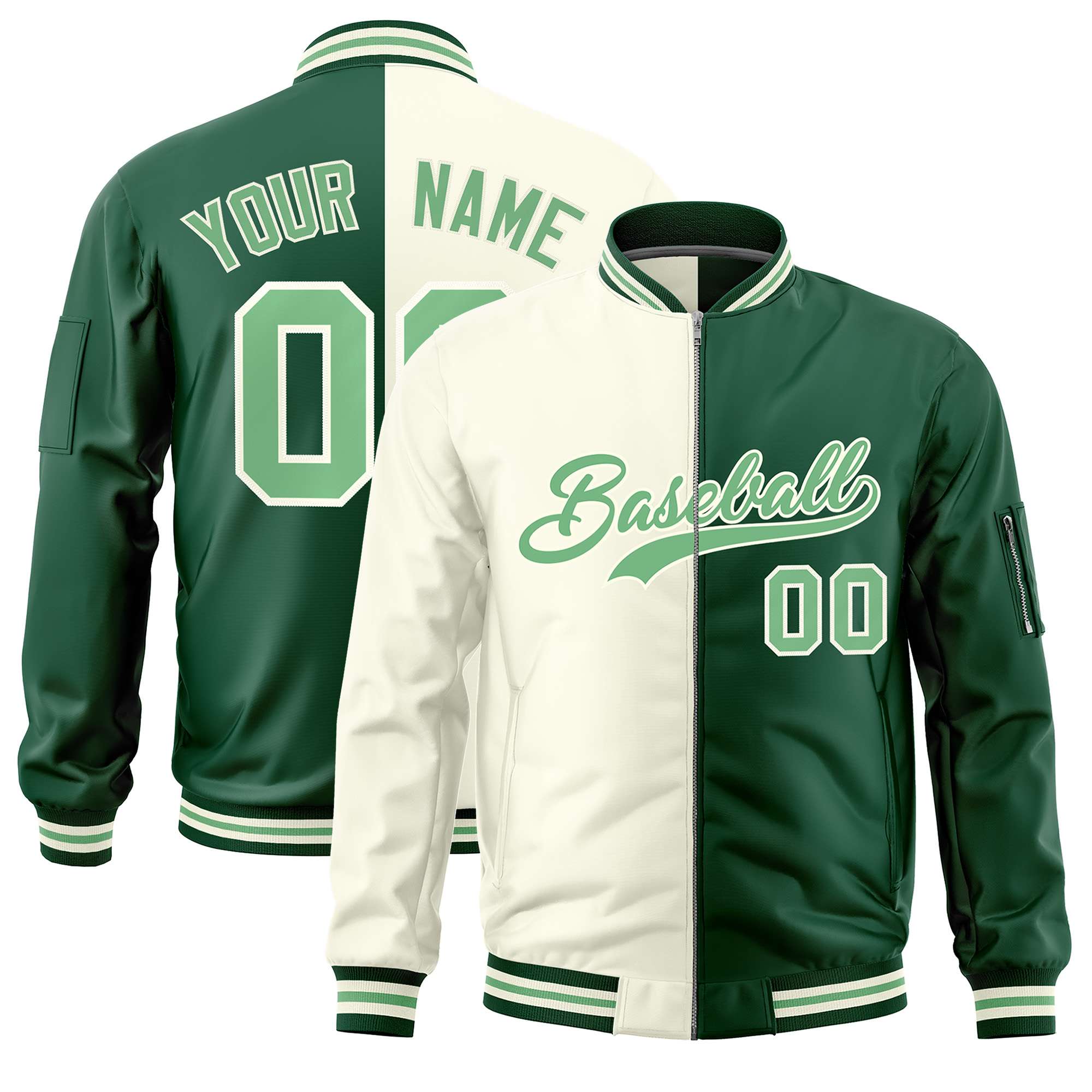 Custom Cream Green Split Varsity Full-Zip Two Tone Letterman Bomber Jacket